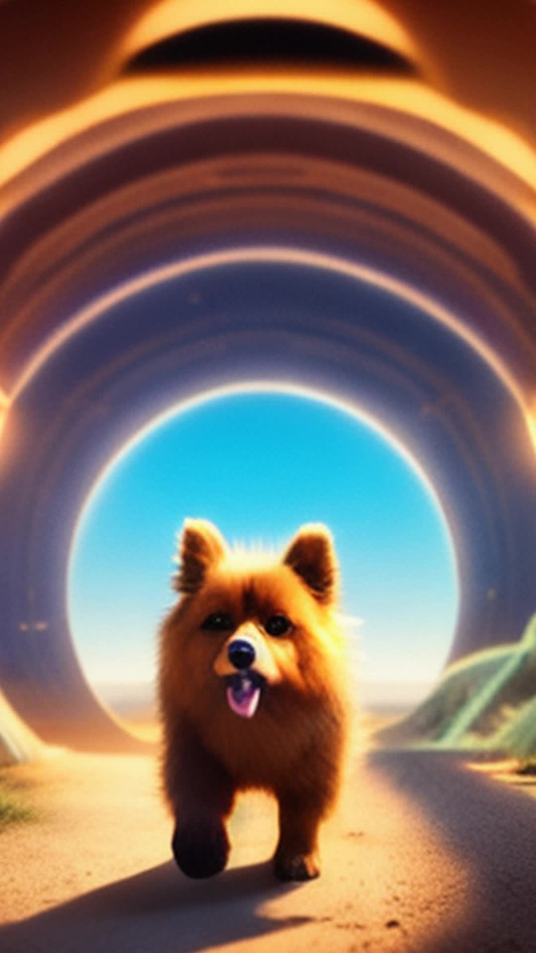 Large brown Pomeranian, stepping into Stargate portal, embarking on intergalactic adventure, crossing shimmering threshold, mysteries of universe unfolding, encountering alien landscapes, ancient civilizations, unknown wonders, hyperrealism, national geographic style, highly detailed, soft shadows, vivid colors, epic scenery, cinematic journey, aweinspiring visuals, rendered by octane, dynamic movement, thrilling exploration, dramatic lighting, futuristic elements