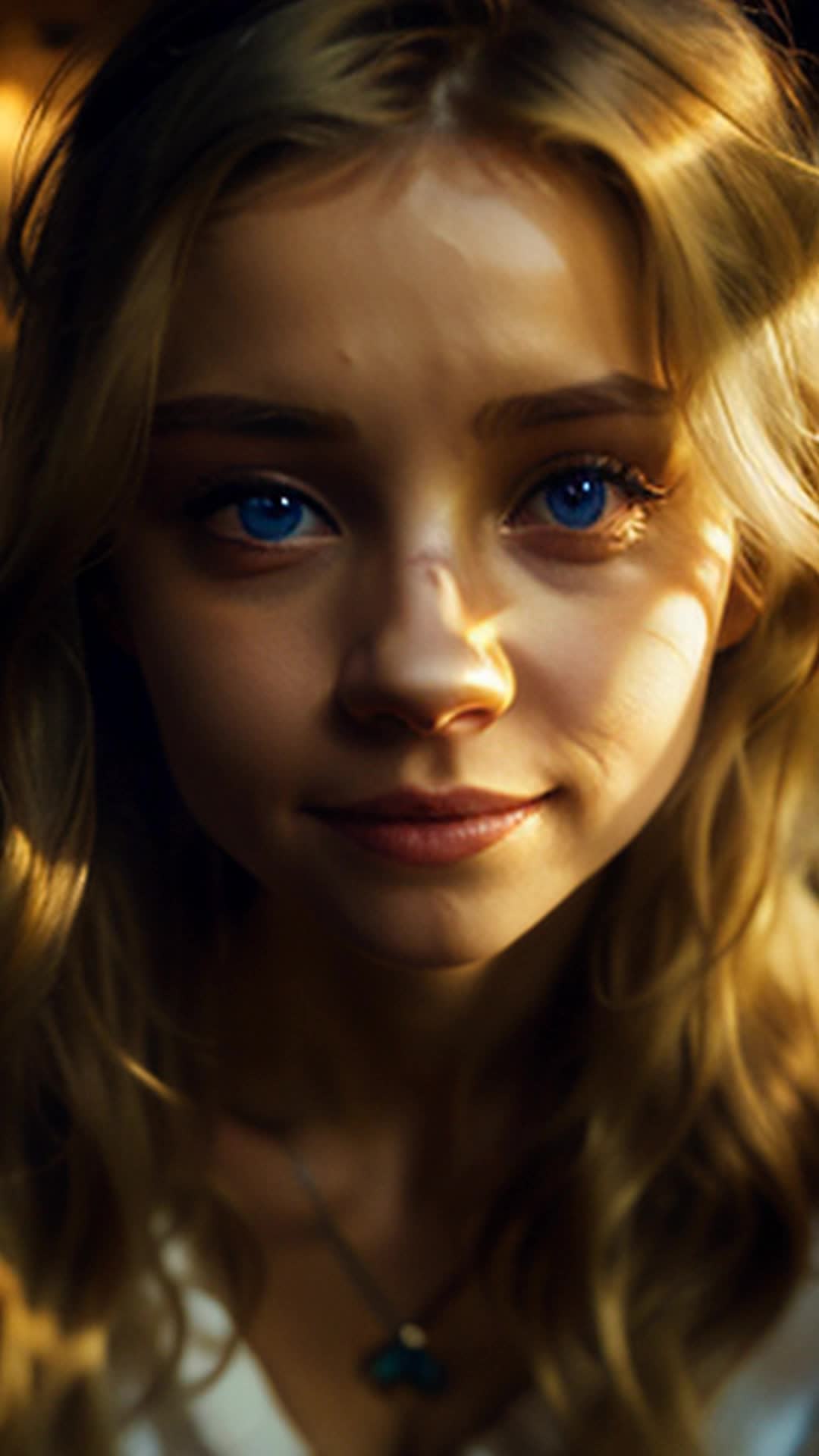 Blonde-haired girl, eyes wide, magical wonder, captivated by story, room illuminated by enthusiasm, soft shadows around, facial expressions focused and enchanted
