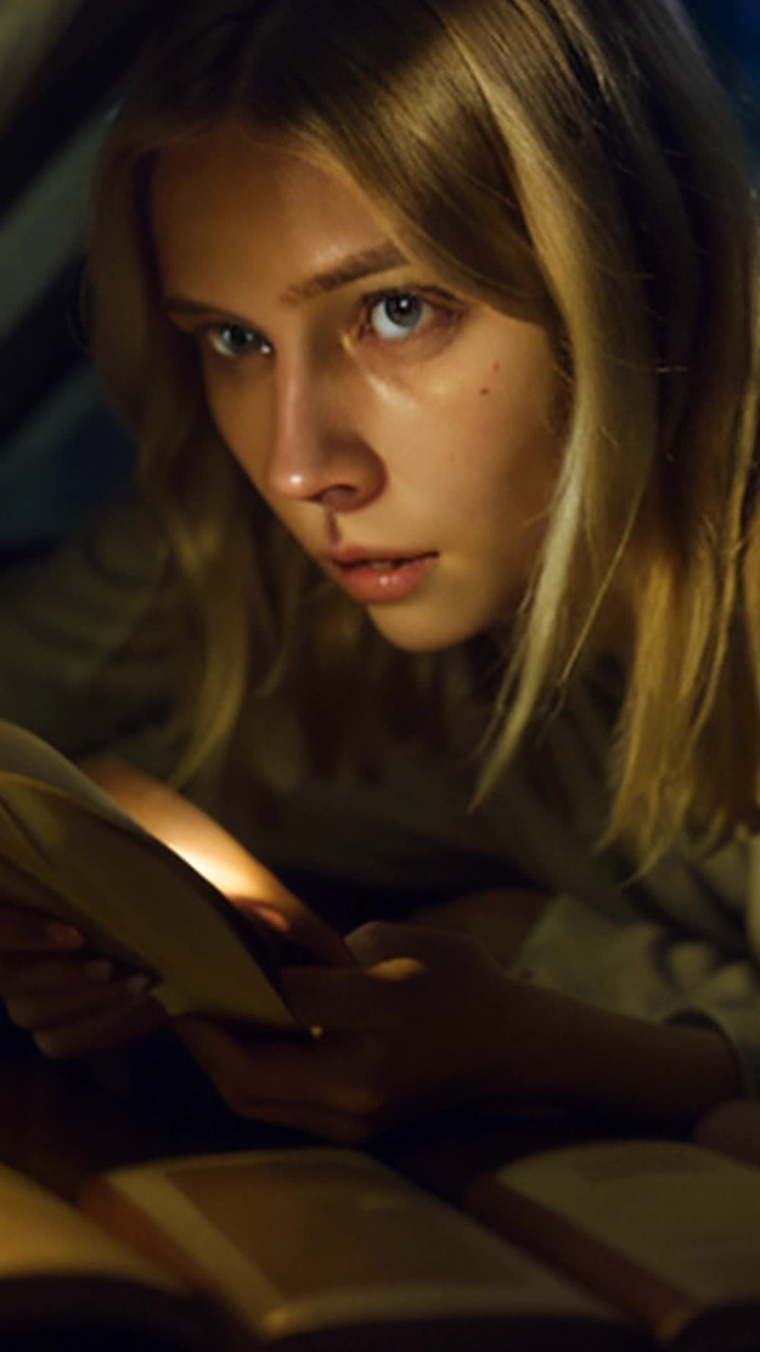 Curious blonde-haired girl, grabs flashlight, stealthily continues reading under covers, dimly lit adventure, soft glow illuminating her eager face, night-time, thrill of forbidden reading