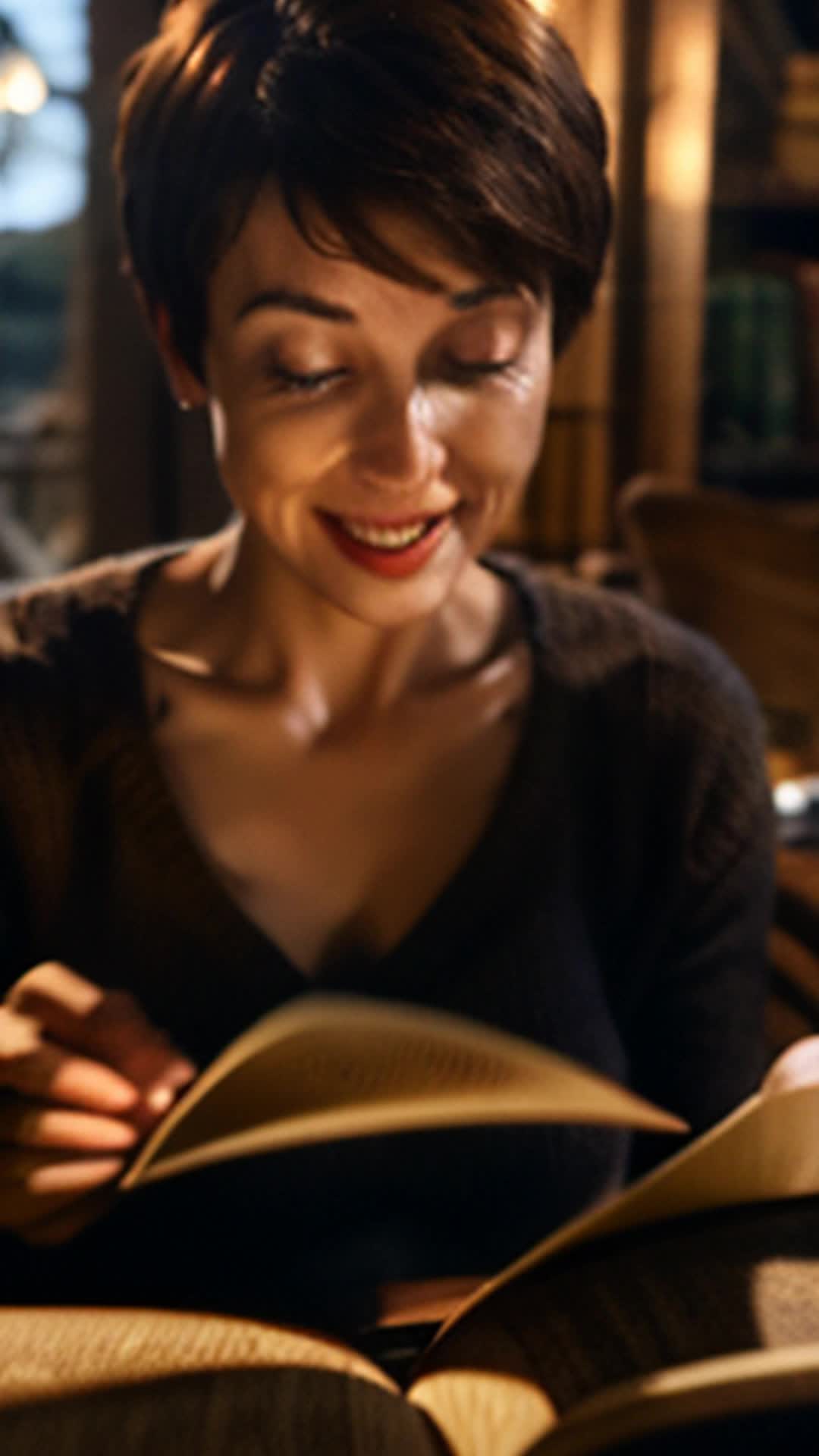 Brunette pixie-cut mom, eagerly flipping through Harry Potter pages, voice alive with excitement, vibrant, enthusiastic storytelling, bright indoor lighting, cozy evening setting