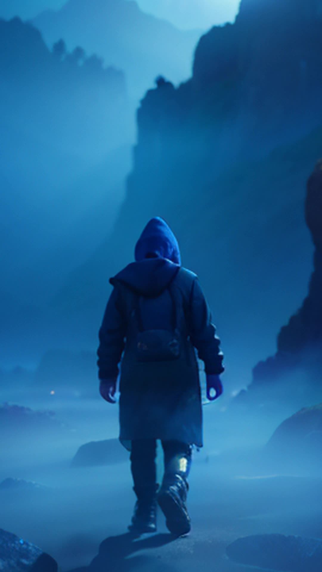 Mysterious figure approaching camera, black hoodie, faceless mask, alien planet, rocky terrain, glowing neon flora, misty atmosphere, purples and blues, cinematic wide shot, slow motion, ambient eerie lighting, shadows playing, high detail, high resolution