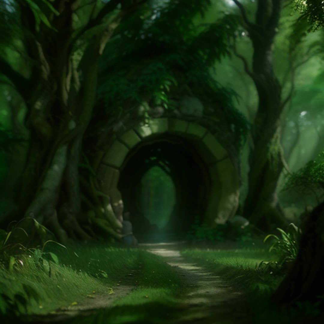 Mysterious forest path, ancient trees arching overhead, natural portal formed by intertwined branches, lush green foliage, mosscovered stones, dappled sunlight filtering through leaves, ethereal light at portal opening, soft shadows, misty atmosphere, slightly glowing aura around portal entrance, enchanted and serene setting, highly detailed, sharp focus, steady pan shot