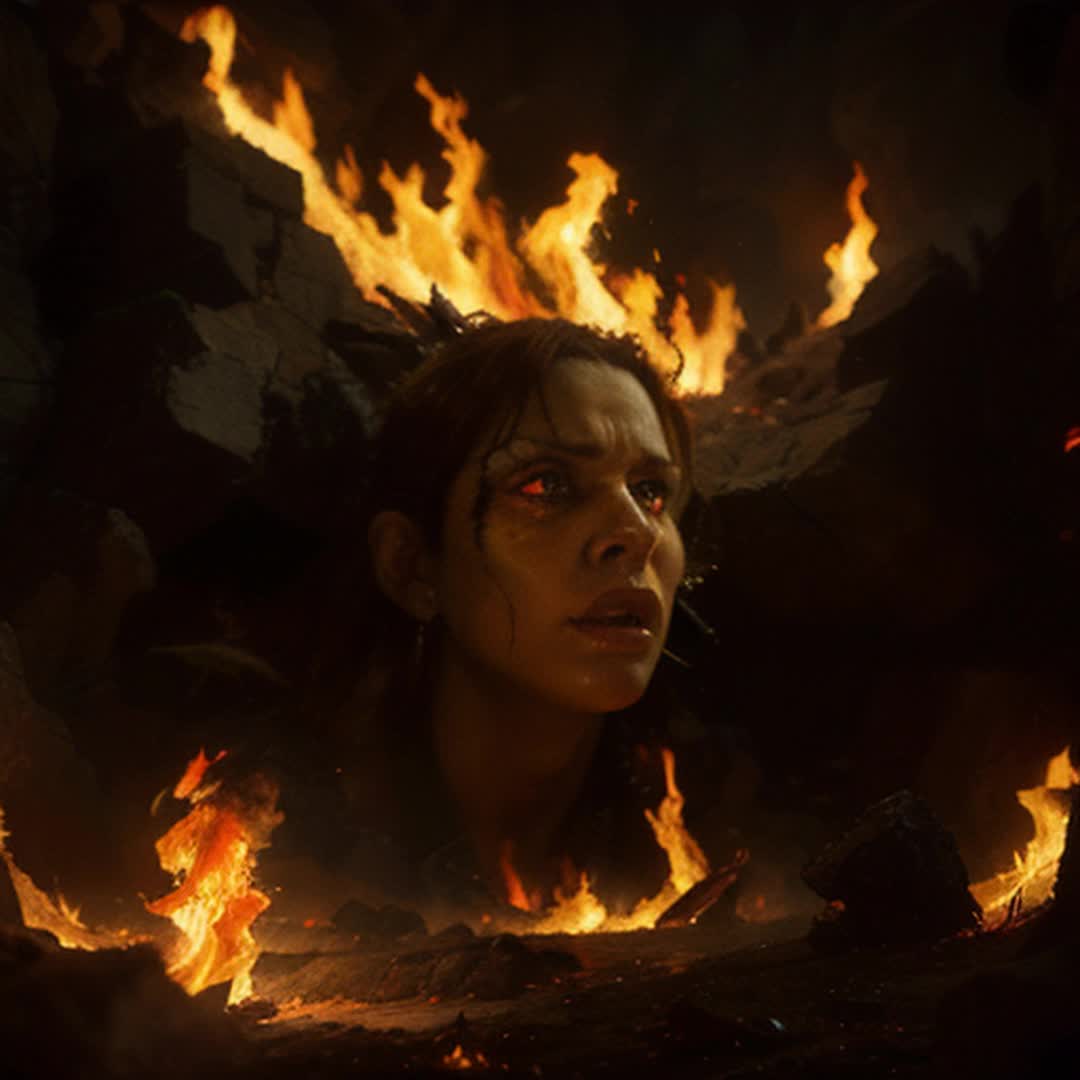 Fiery portal, demons leading woman, infernal landscape, flames and smoke, dark and menacing, hellish atmosphere, glowing red and orange hues, crackling fire, woman in distress, detailed and sharp focus, soft shadows, wideangle shot, dramatic and intense, cinematic effect, rendered by octane