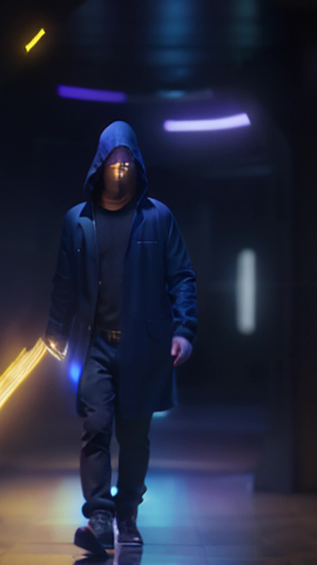 Mysterious man walks through shimmering portal, hooded figure, microphone in hand, portal closes behind him, dimly lit environment, glowing blue and purple hues, soft shadows, dynamic camera movement, cinematic vibe, high detail, epic atmosphere, otherworldly setting, intense focus on portal, compelling narrative, futuristic scenario, intense mood, rendered by octane