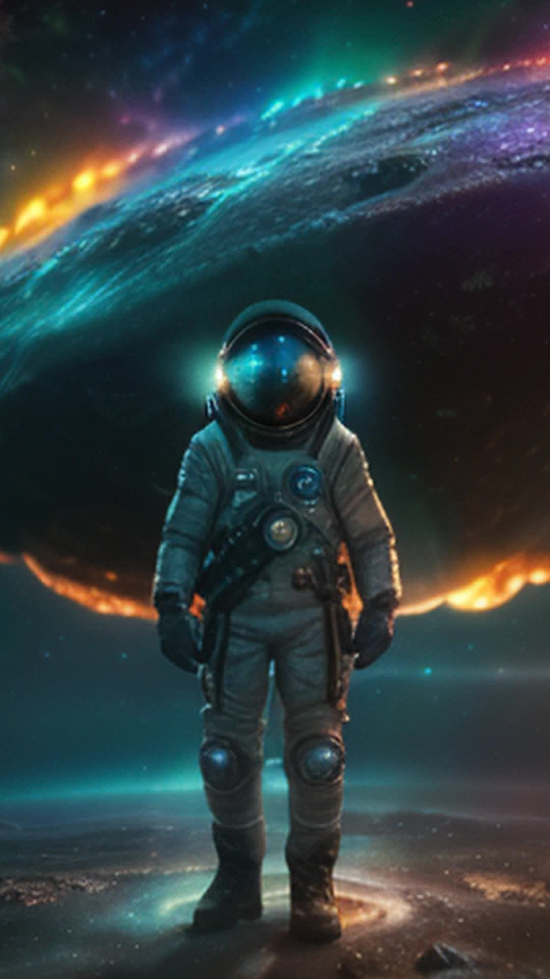 Mystery figure steps out portal, wearing elaborate mask, surreal outer space, vibrant galaxy backdrop, radiant nebulas, distant stars, aliens observing, multiple UFOs hovering, ethereal glow, hint of asteroids, nebula swirls, cinematic scifi tone, intricate details, lens flare effects, soft shadows, dynamic action, rendered by octane, visually captivating, ultrahigh definition, immersive atmosphere