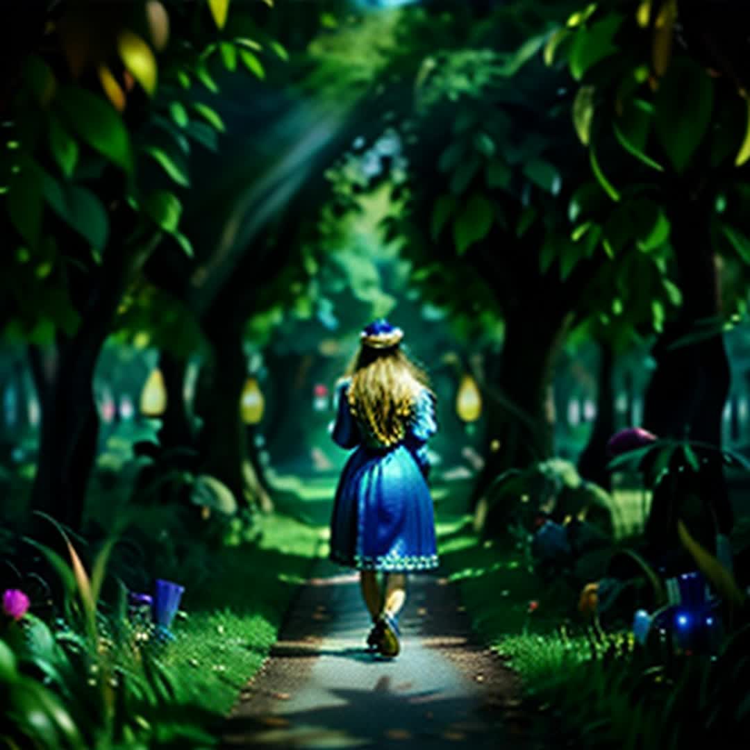 Alice in Wonderland, walking through magical portal, vibrant colors, swirling lights, whimsical scenery, enchanted forest, glowing and sparkling, detailed and sharp focus, soft shadows, wideangle view, cinematic feel, rendered by Octane, ethereal atmosphere
