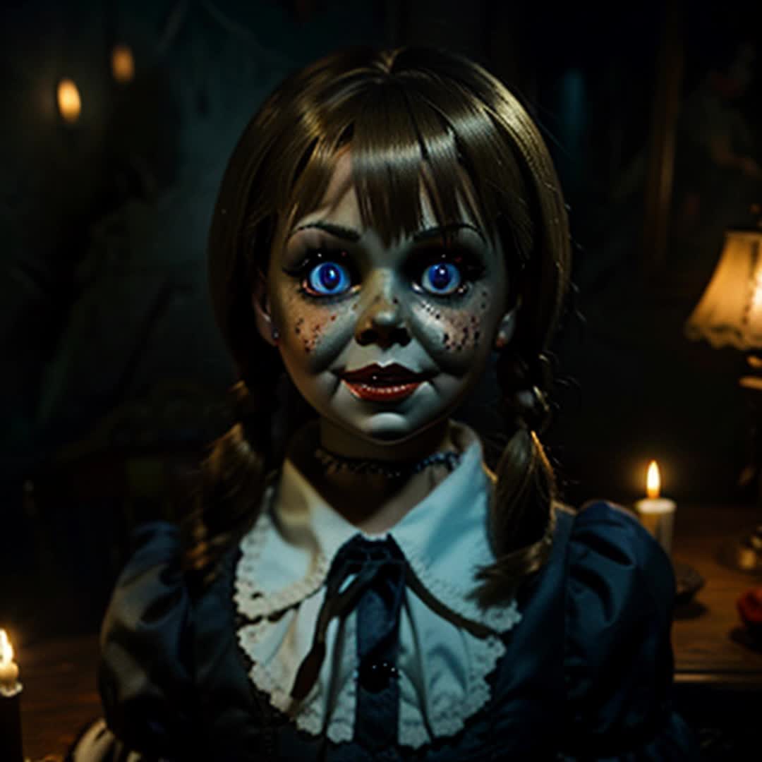 Creepy Annabelle doll, dimly lit room, antique furniture, cracked porcelain skin, eerie glassy eyes, sinister smile, worn Victorian dress, shadowy corners, flickering candlelight, soft shadows, unsettling atmosphere, abandoned house, cobwebs in background, highly detailed and sharp focus, low angle shot, ominous and spinechilling, rendered by octane