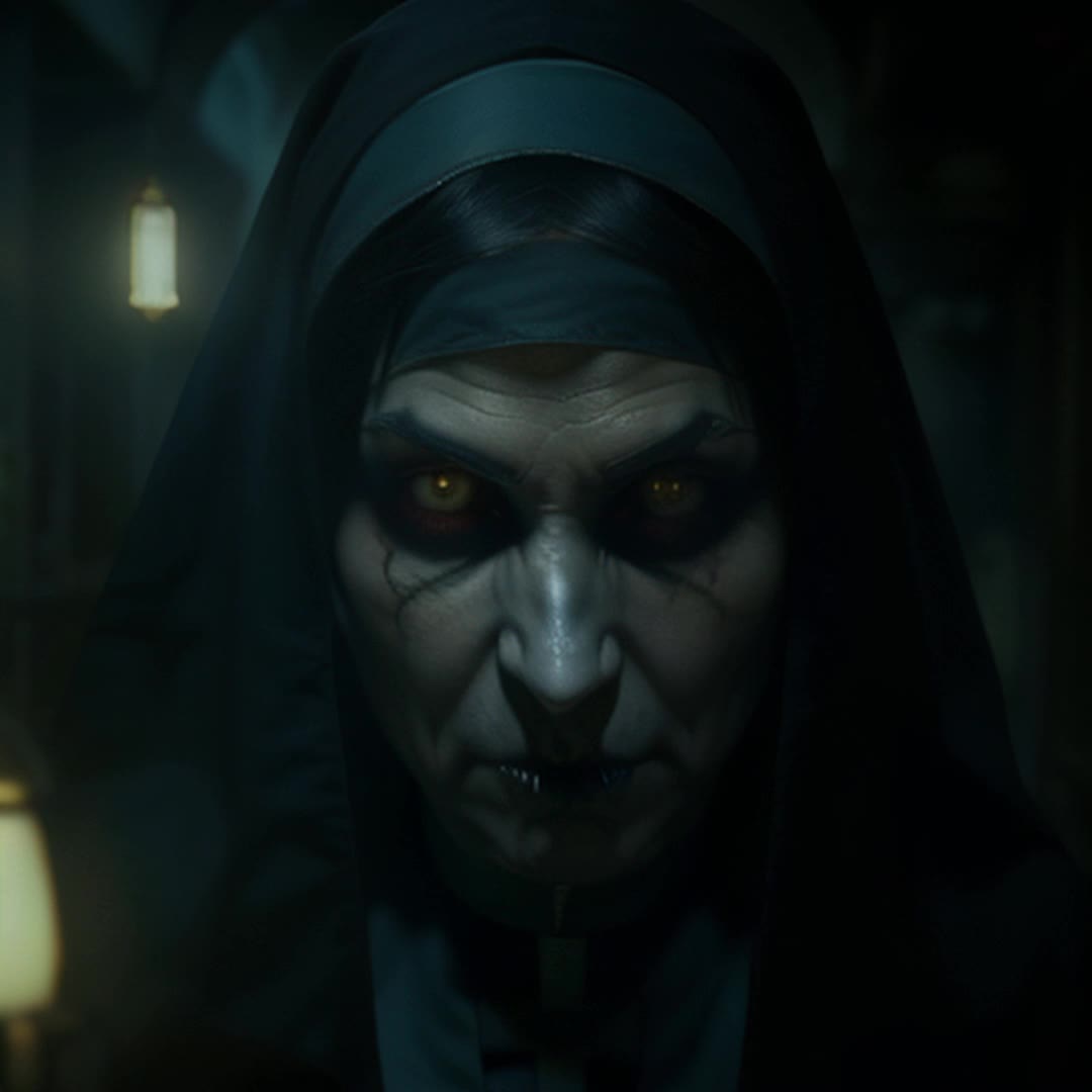Creepy nun character, eerie dark corridors, flickering old lights, Gothic architecture, dramatic shadows, unnerving atmosphere, ghostly fog drifting, ancient relics on walls, closeup shots of nuns sinister face, ominous glowing eyes, whispers in the wind, suspenseful music, camera panning and zooming, detailed and sharp focus, tense and foreboding, rendered by octane