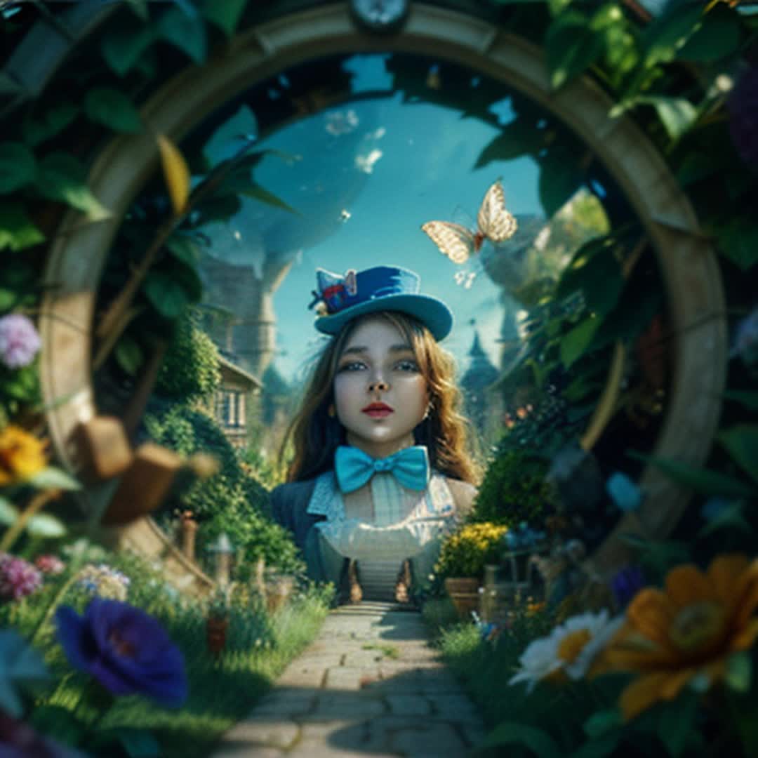 Alice in Wonderland peering into portal, magical swirling entrance, Mad Hatter and White Rabbit inside, whimsical hats and outfits, vibrant and fantastical, waiting excitedly, lush garden beyond, vivid colors, dreamlike atmosphere, soft shadows, cinematic rendering, dynamic wideangle, high detail, sharp focus, enchanting and immersive, fairy talelike ambiance, filled with curiosity and wonder