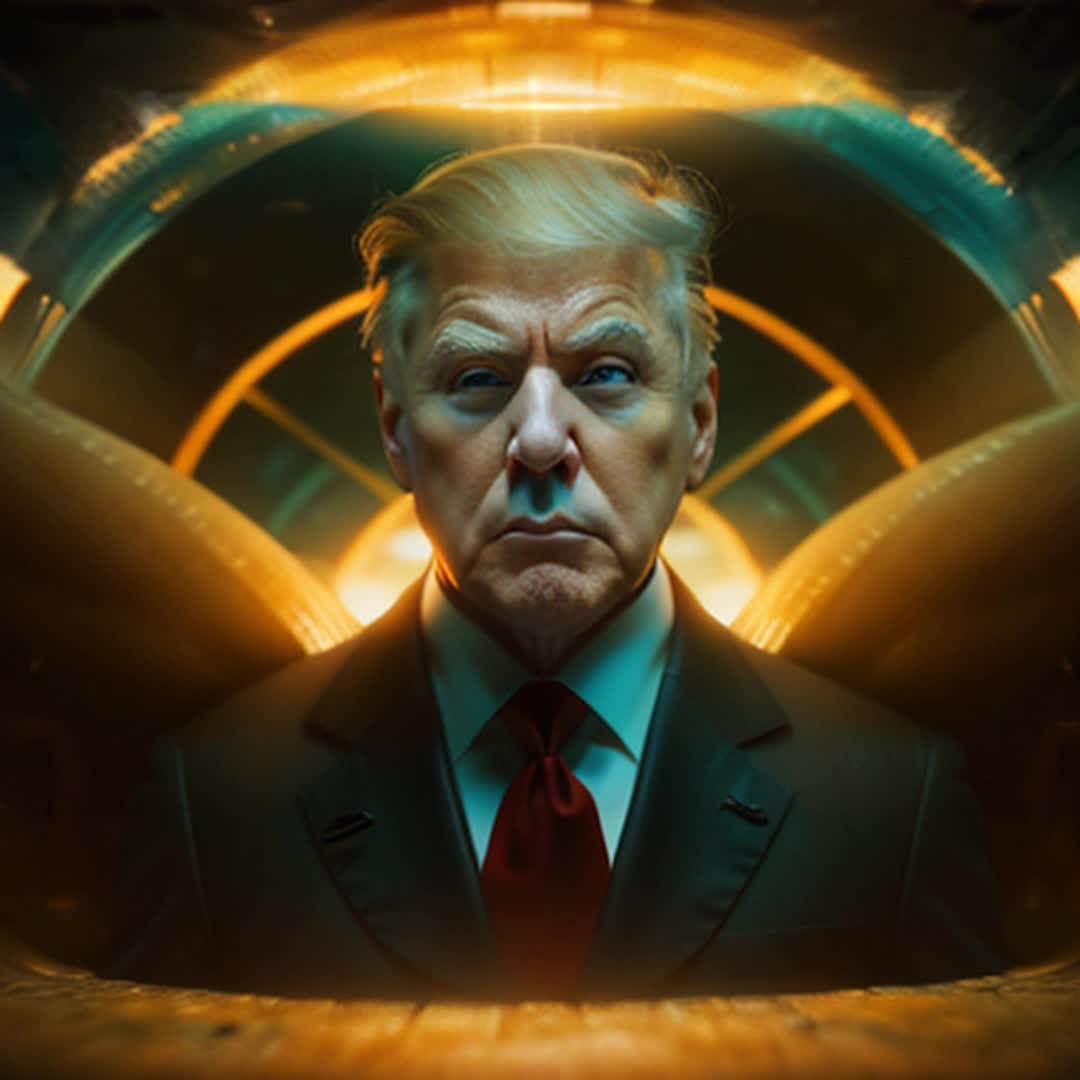 Donald Trump being sucked into dimensional portal, surrounded by floating heads of Joe Biden, heads popping out of round portals, portals opening and closing, surrealist theme, vivid colors, highly detailed and sharp focus, soft shadows, otherworldly lighting, wideangle, 8K, cinematic effect, rendered by octane