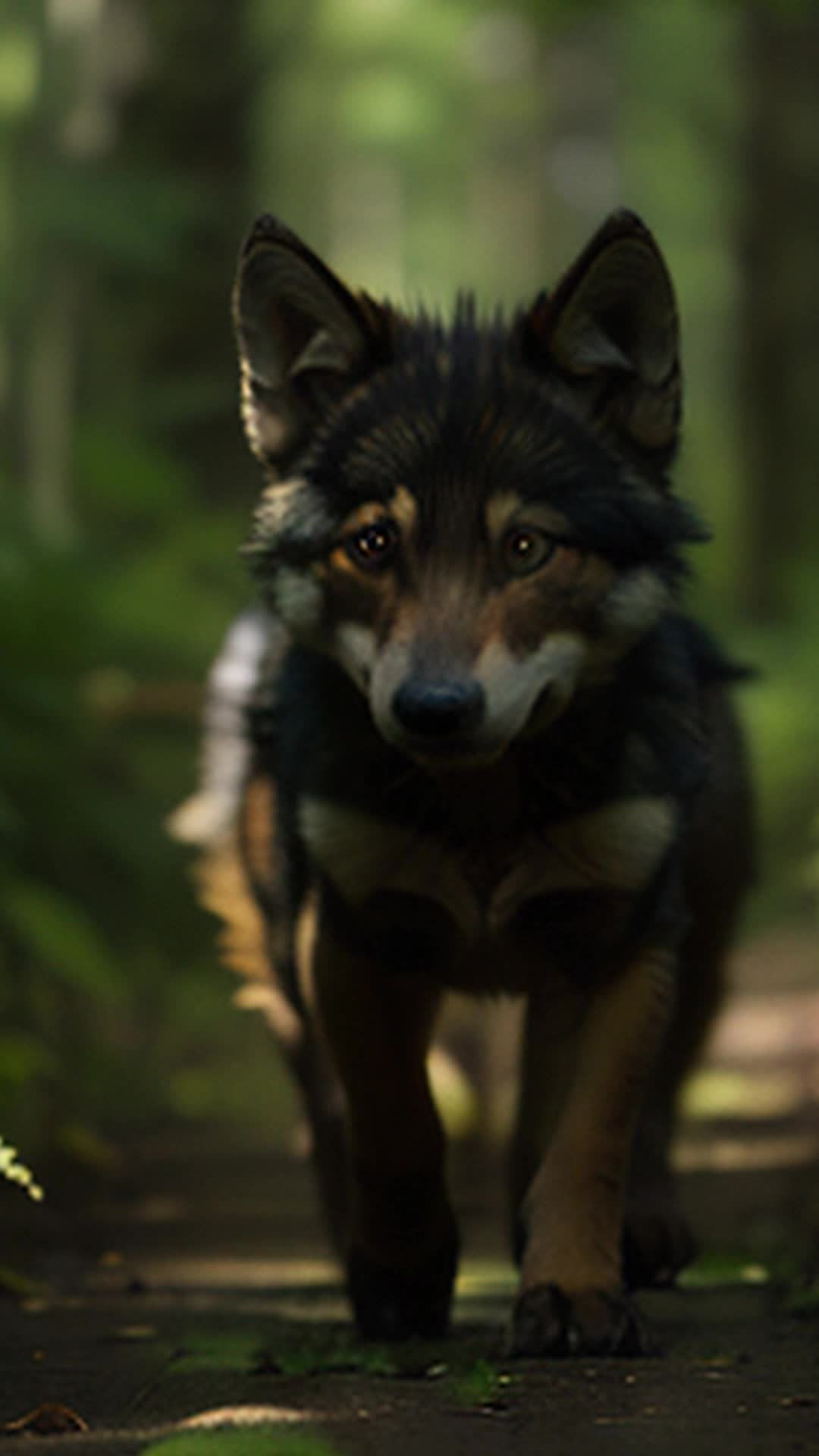 Baby wolf darting, dodging dense ferns, sharp instincts, narrow escape, soft shadows, dynamic movement