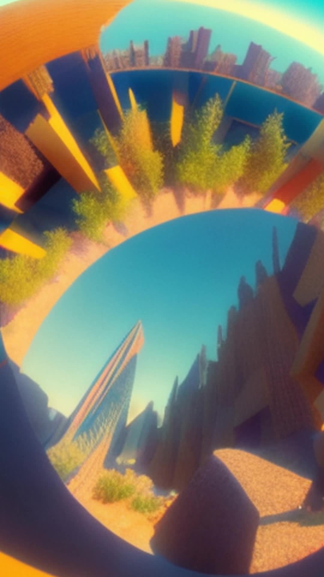 Surreal landscape, warped buildings, floating islands, abstract shapes, vivid colors, unusual lighting shifts, dreamlike atmosphere, people with elongated shadows, reality bending, floating objects, gravity defying, hyperdetailed, soft shadows, slight motion blur, wideangle pan, rendered by octane, highly detailed and sharp focus, cinematic effect