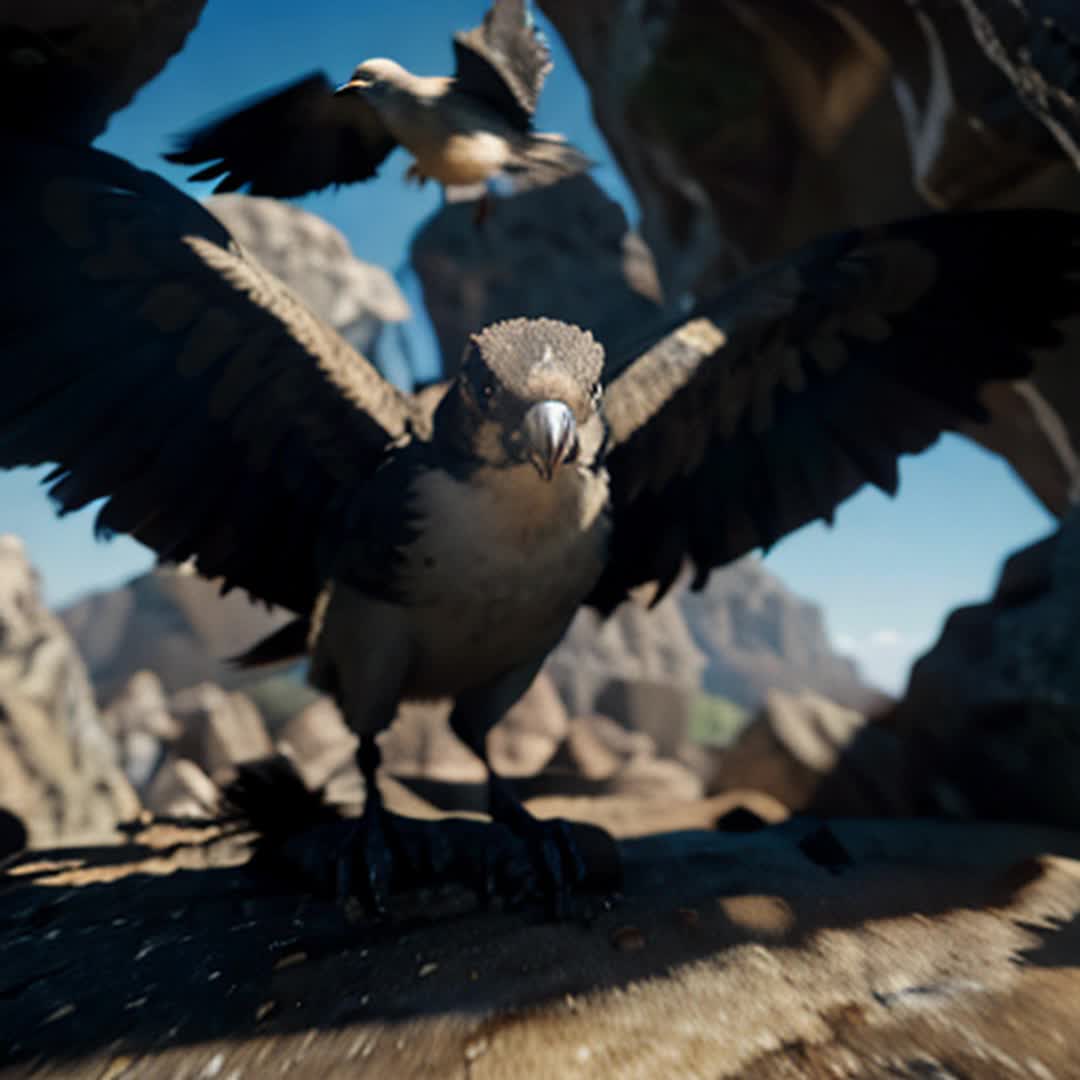 Birds flying quickly, emerging from dark cave, rocky walls, smooth flight, flapping wings, intense natural light outside cave entrance, detailed feathers, dramatic contrast, close up shots, dynamic movement, soft shadows, cinematic, rendered by octane