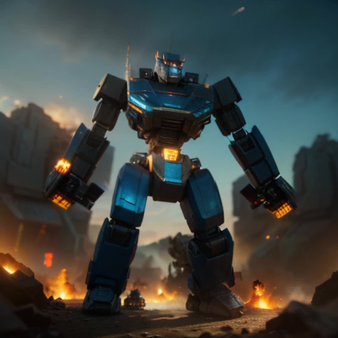 Epic battle between auto bots and decepticon bots, dramatic landscape, intense energy, powerful auras clashing, vibrant magic, detailed and sharp focus, dynamic action, intense expressions, aerial shots,dramatic lighting with shadows, flashes of bright colors, high resolution, cinematic effects, rendered by octane, visually stunning visuals, fantasy setting, immersive experience