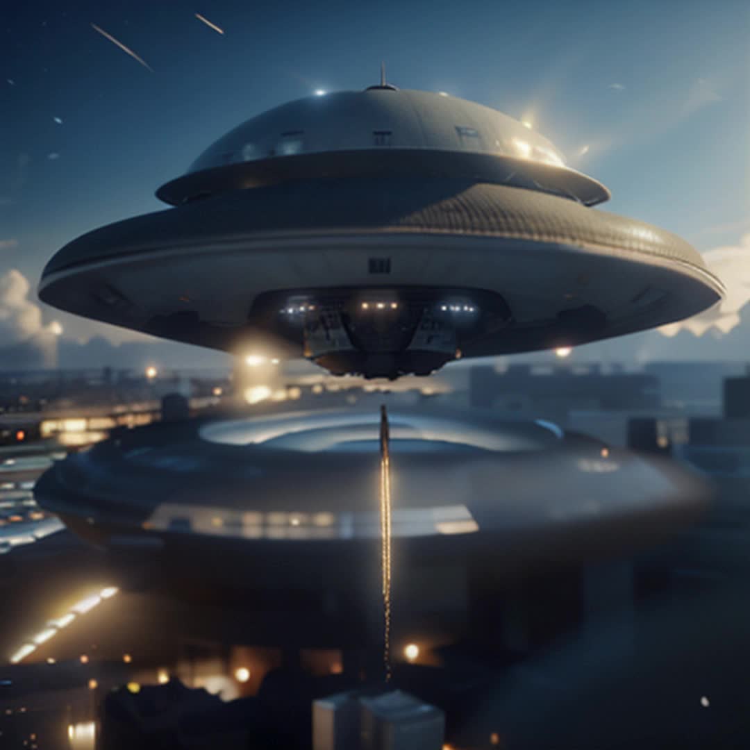 A UFO hoovering over the city spinning 