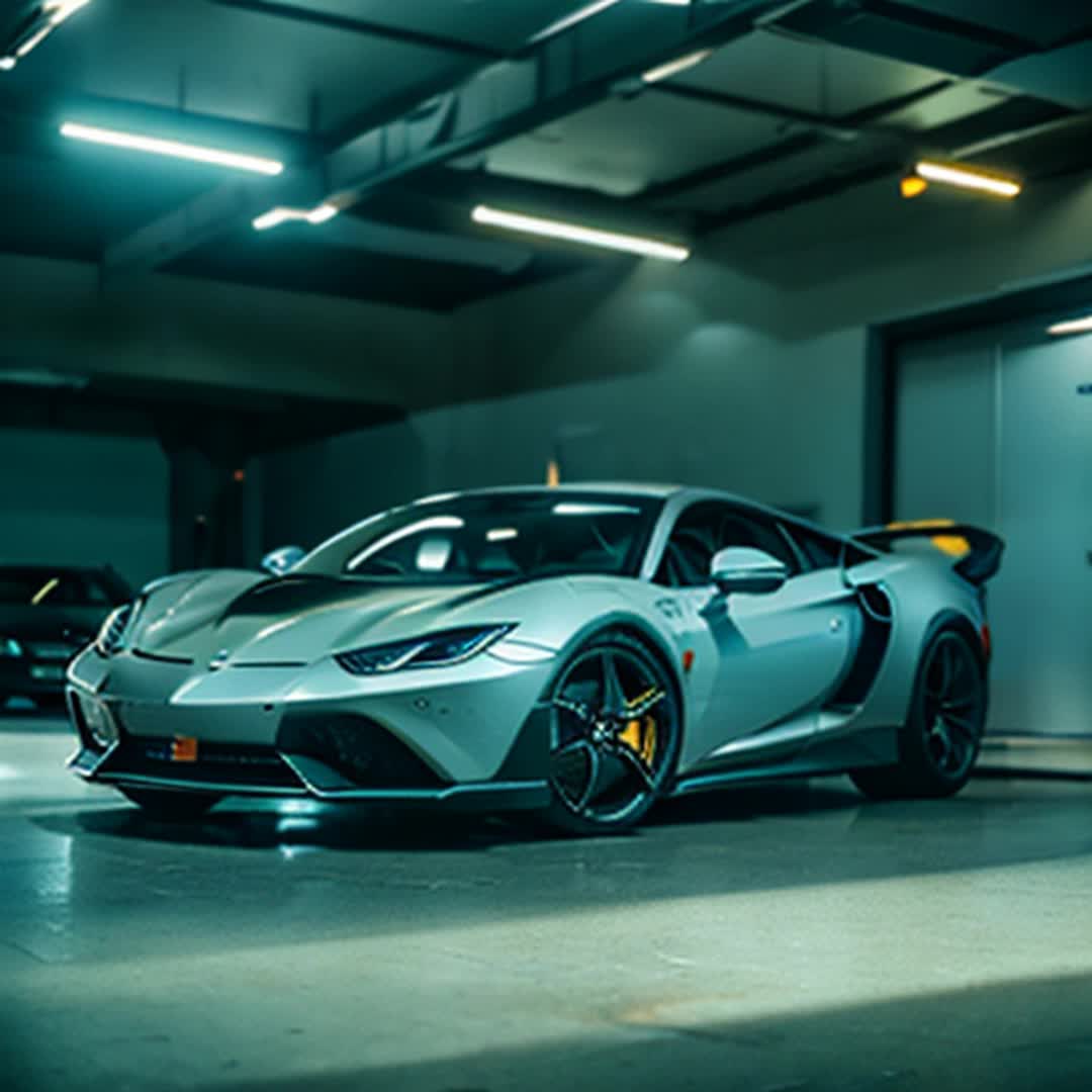 Luxurious supercars parked inside a well lit garage with all white flooring, soft shadows, vibrant colors for each supercar,led lighting, cinematic angle, rendered by octane