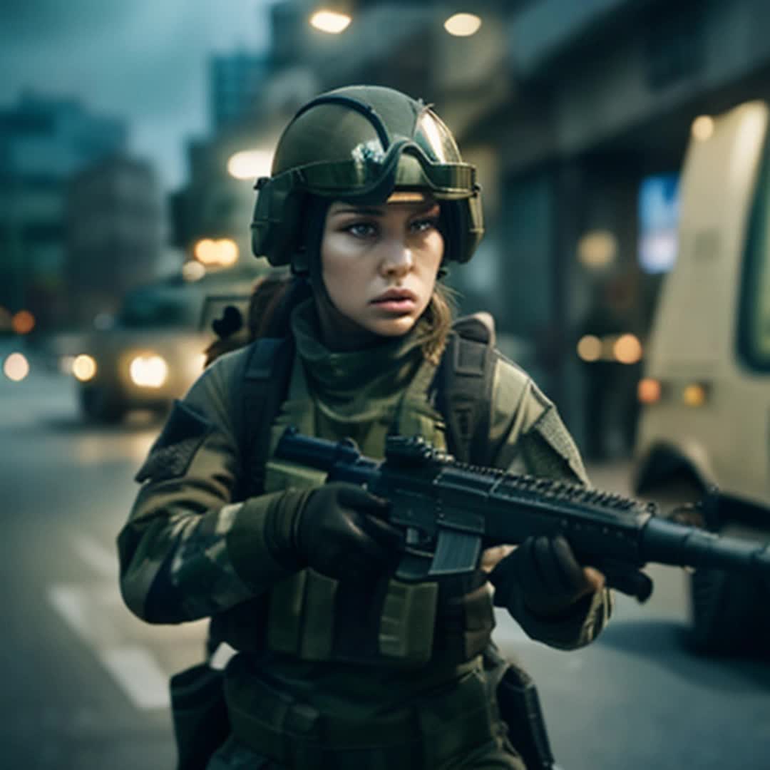 Elite military girls, full tactical gear, advanced weapons, futuristic helmets, digital camouflage, dynamic combat poses while shooting at target, urban battlefield, intense action, highly detailed and sharp focus, cinematic lighting, action packed sequences, rendered by octane,add a tank into the background slightly out of view 