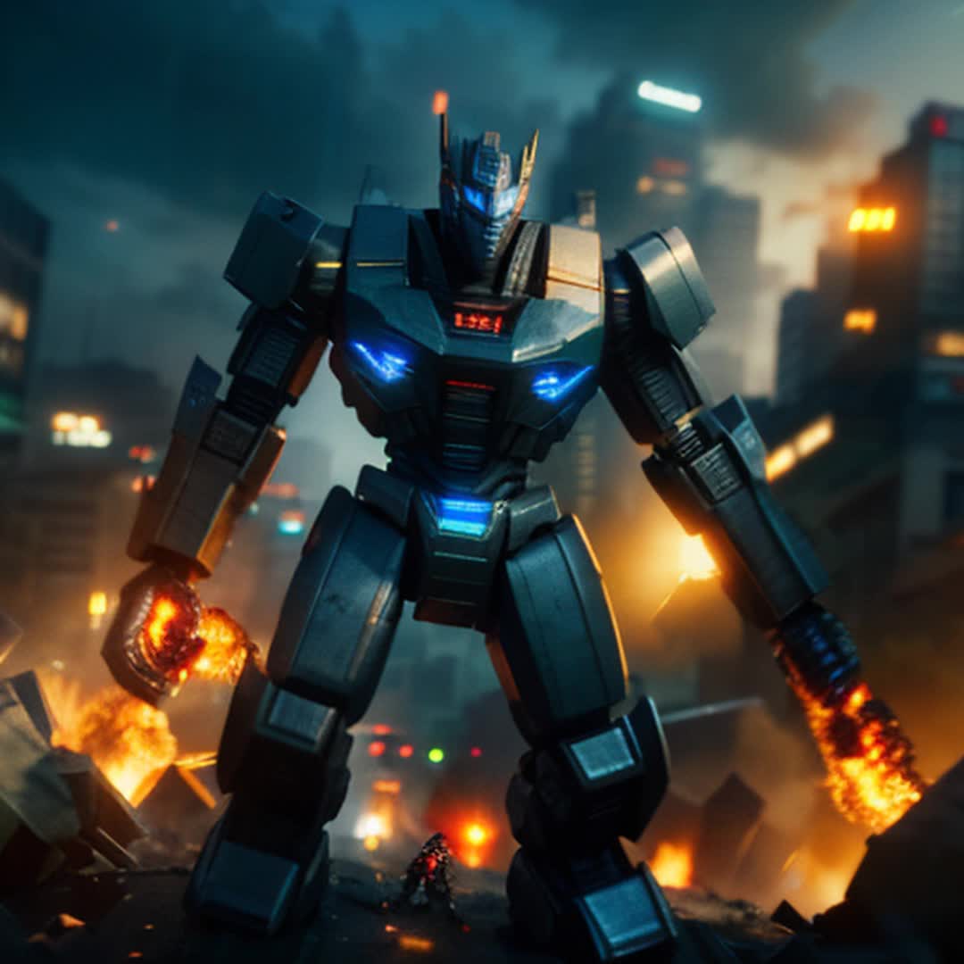 Epic battle between auto bots and decepticon bots, dramatic landscape, intense energy, powerful auras clashing, vibrant magic, detailed and sharp focus, dynamic action, intense expressions, aerial shots,dramatic lighting with shadows, flashes of bright colors, high resolution, cinematic effects, rendered by octane, visually stunning visuals, modern city setting, immersive experience
