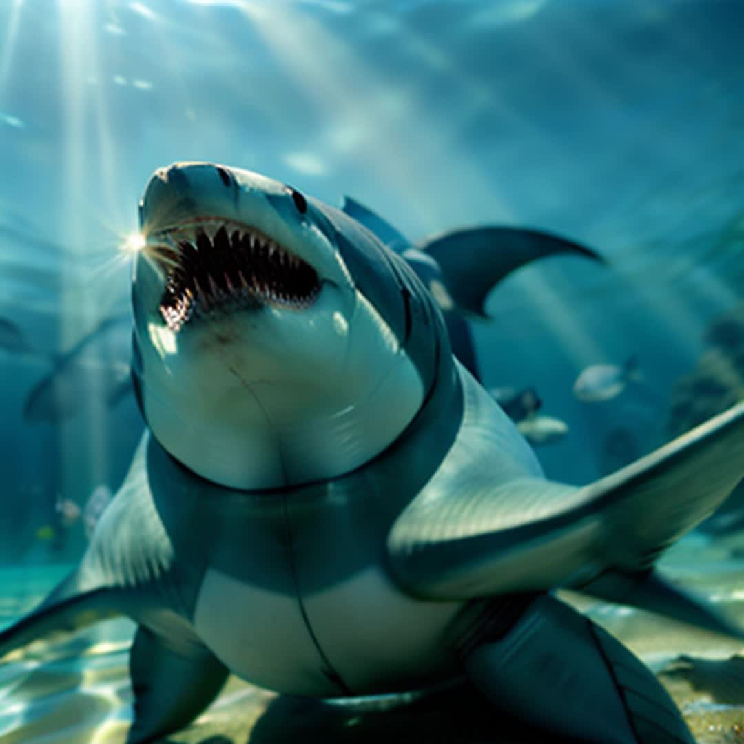 Majestic robot great white shark, gliding gracefully through vibrant blue ocean, sunlight streaming down, sparkling water surface, sharp details on shark, immersive underwater scene, surrounded by robot fish, occasionally breaching surface, realistic textures, soft shadows, dynamic motion, wide angle view, vivid colors, stunning clarity, playful bubbles rising, cinematic look, rendered by octane