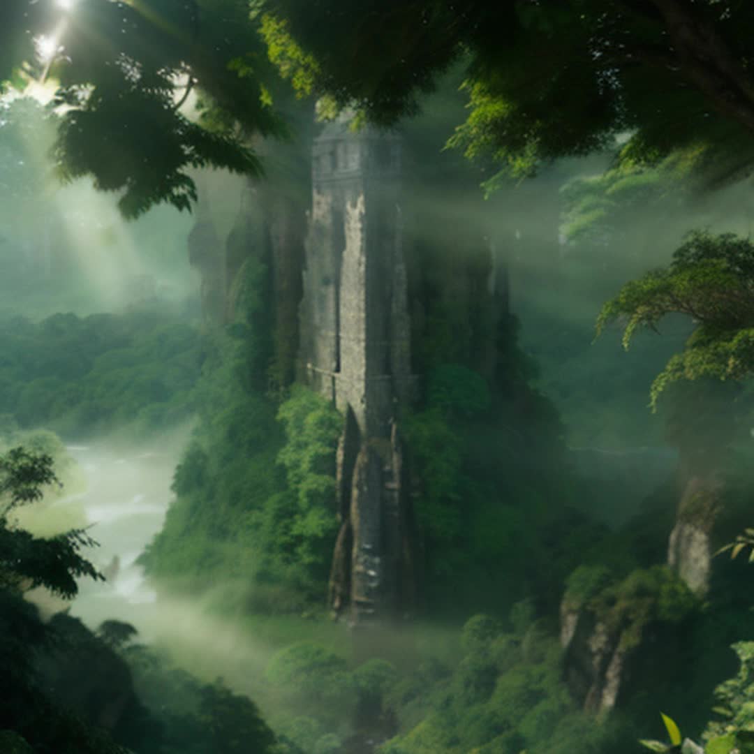 Drone aerial view, ancient city, Amazon rainforest, tall stone buildings, dense green foliage surrounding city, river winding through rainforest, mist rising from trees, sunlight filtering through canopy, atmospheric, highly detailed, sharp focus, soft shadows, vibrant colors, cinematic effect, lush and immersive