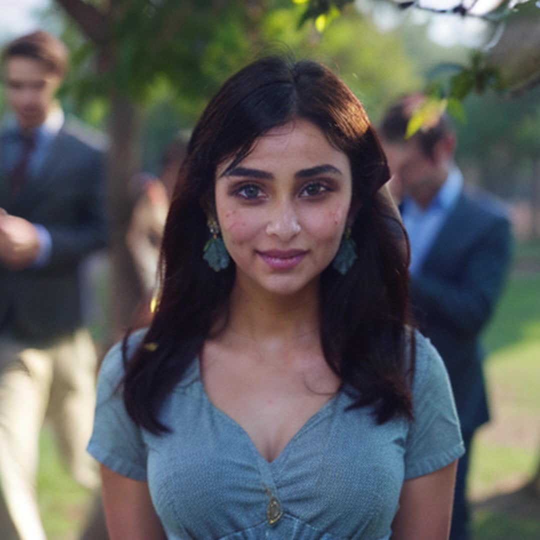 Beautiful girl, dimpled cheeks, cute shy smile, facing camera, standing away from boy, very shy expressions, soft sunlight, gentle breeze, blush on cheeks, delicate dress fluttering, soft shadows, wideangle shot, focus on facial expressions, detailed and sharp focus, serene, tranquil atmosphere, natural background