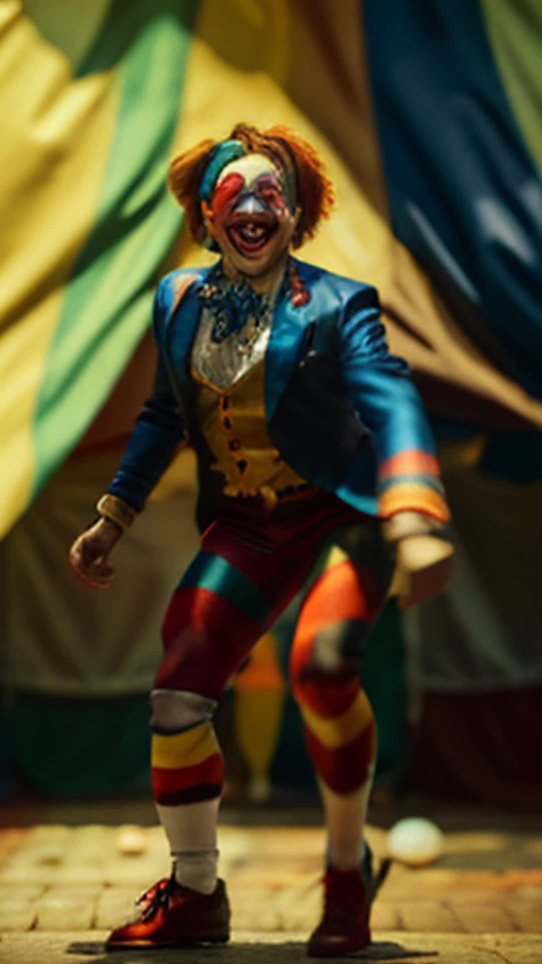 Jester clown in vibrant costume twirling under circus big top, glinting eyes, captivated audience, center ring, Faces visible awe, highly detailed and sharp focus, soft shadows, Full body shot