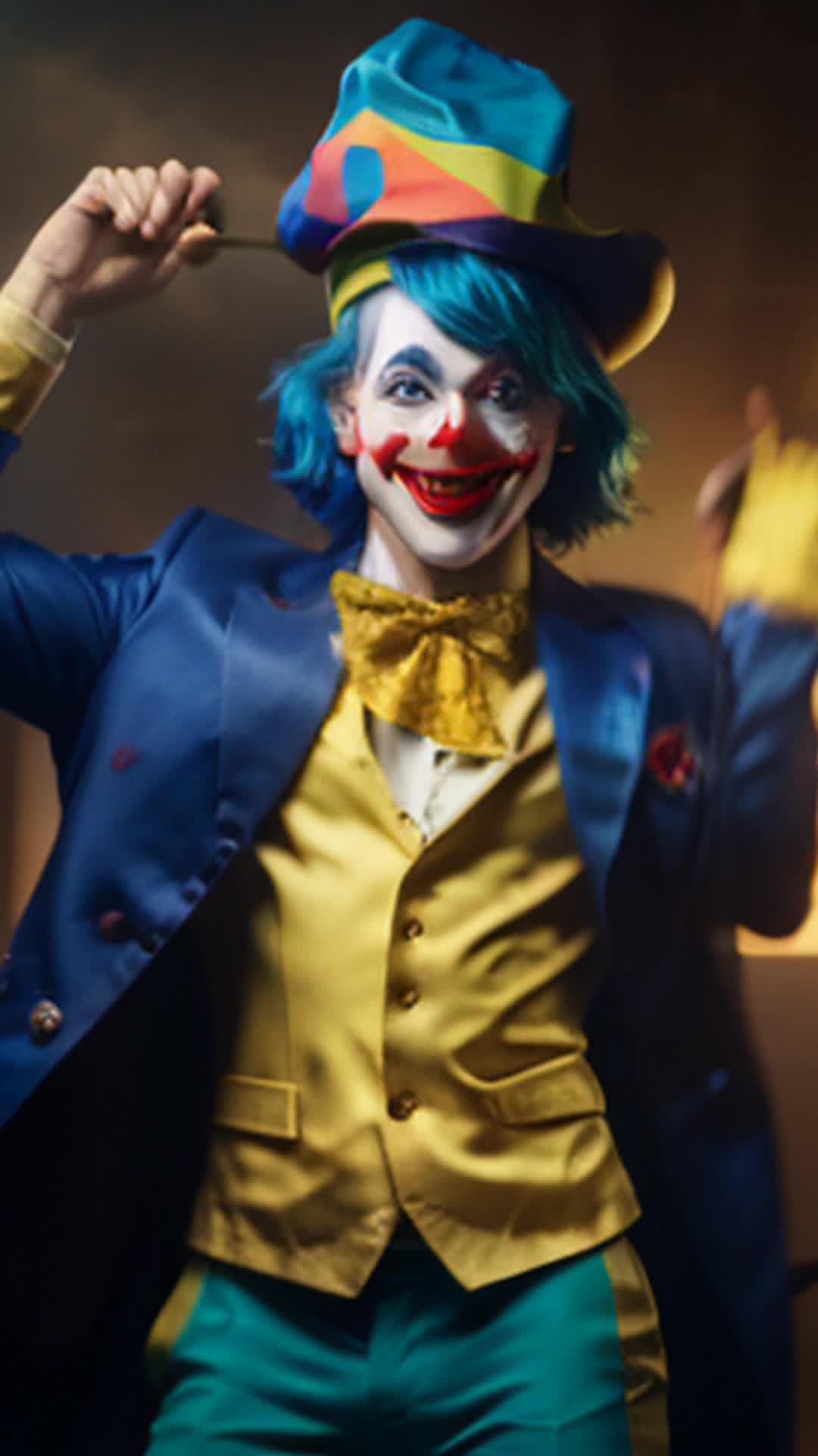 Mischievous jester clown with colorful cape flourishing, commanding acrobat troupe, poised like seasoned ringmaster, dynamic, Soft lighting highlighting vibrant costumes, Portrait shot
