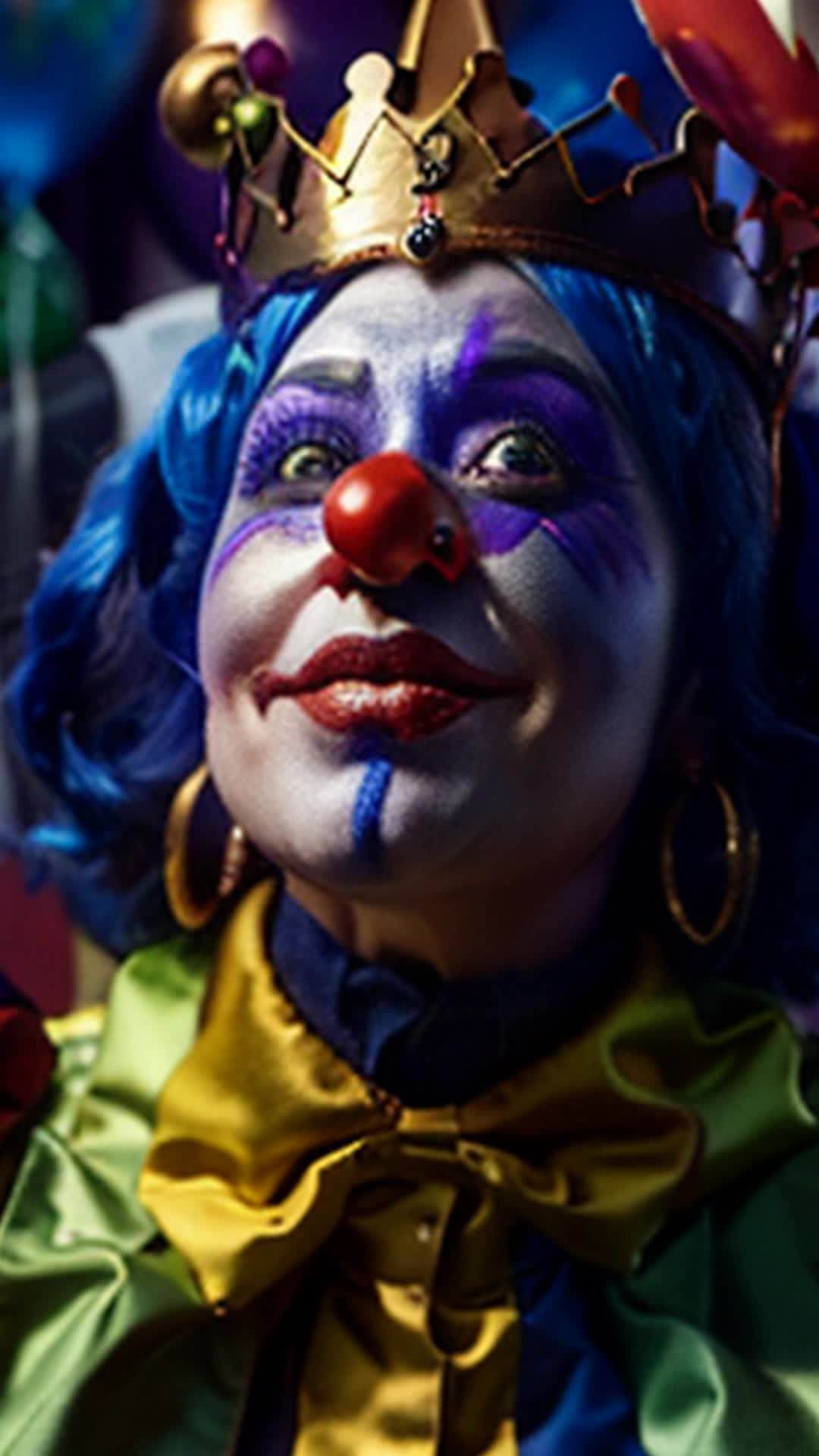 Jester clown crowned on makeshift throne under big top, accepting balloon scepter, crowned as queen of Hollywood, Humorous, theatrical expressions, soft glow illuminating scene, close-up shot