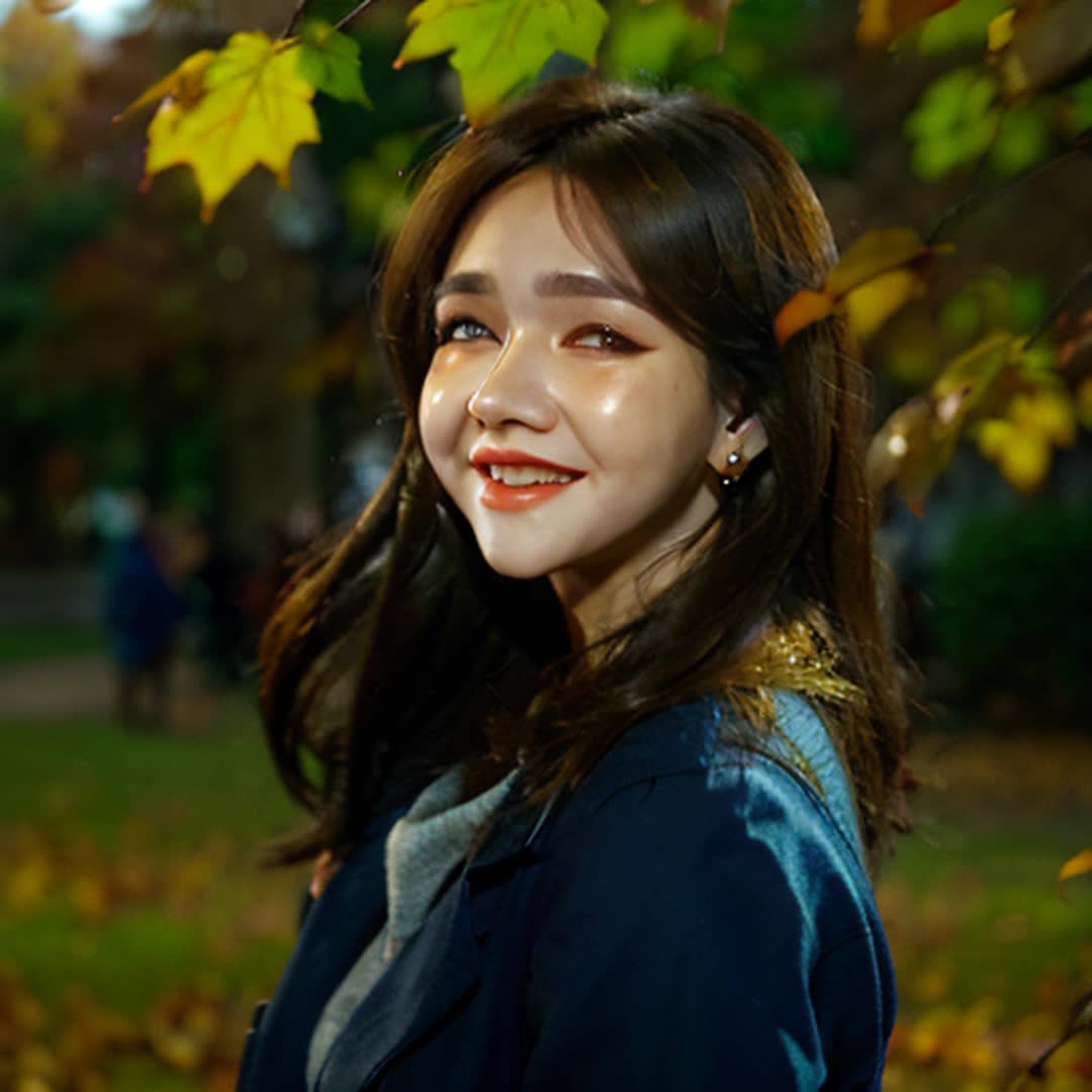 beautiful girl standing among people, distant from boy, dimpled cheeks, cute shy smile, facing camera, camera focusing on her, shy expressions, boy watching from afar, soft natural light, dreamy atmosphere, detailed and sharp focus, soft shadows, wideangle shot, slight breeze, autumn leaves gently falling, warm colors, golden hour