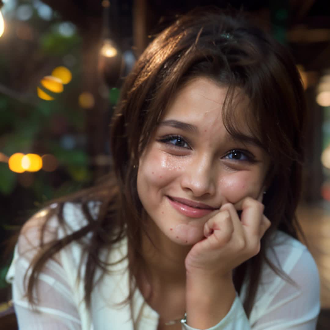 Cute beautiful girl, shy expressions, dimples on cheeks, gentle smile, soft shadows, closeup shot, warm ambient lighting, natural look, smooth skin, bright eyes, high detail, sharp focus, subtle background, softly illuminated, engaging atmosphere