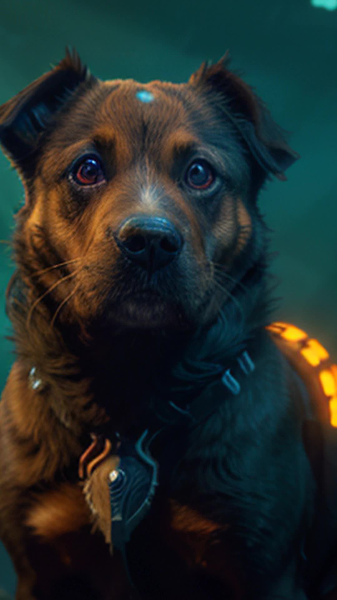 Futuristic red alien dog, three eyes, eight paws, sleek and otherworldly design, bioluminescent patterns on skin, glowing in dark environment, highly detailed and sharp focus, soft shadows, eerie greenishblue ambient lighting, medium shot, slight fisheye lens distortion, cinematic feel, rendered by Octane