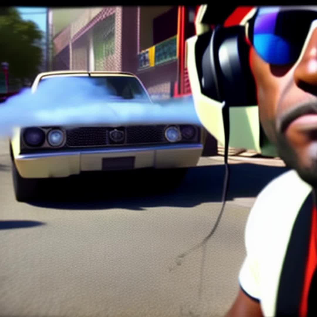 Male artist standing in front of car with big rims, microphone in hand, artist speaking animatedly, thick billowing smoke, drinks scattered around, urban street setting, grungy background, moody atmosphere, vibrant neon lights, dusk, energetic, closeup shots, dynamic camera movements, cinematic feel, vibrant colors, detailed and sharp focus, soft shadows, atmospheric vibe, gritty aesthetic, highdefinition render