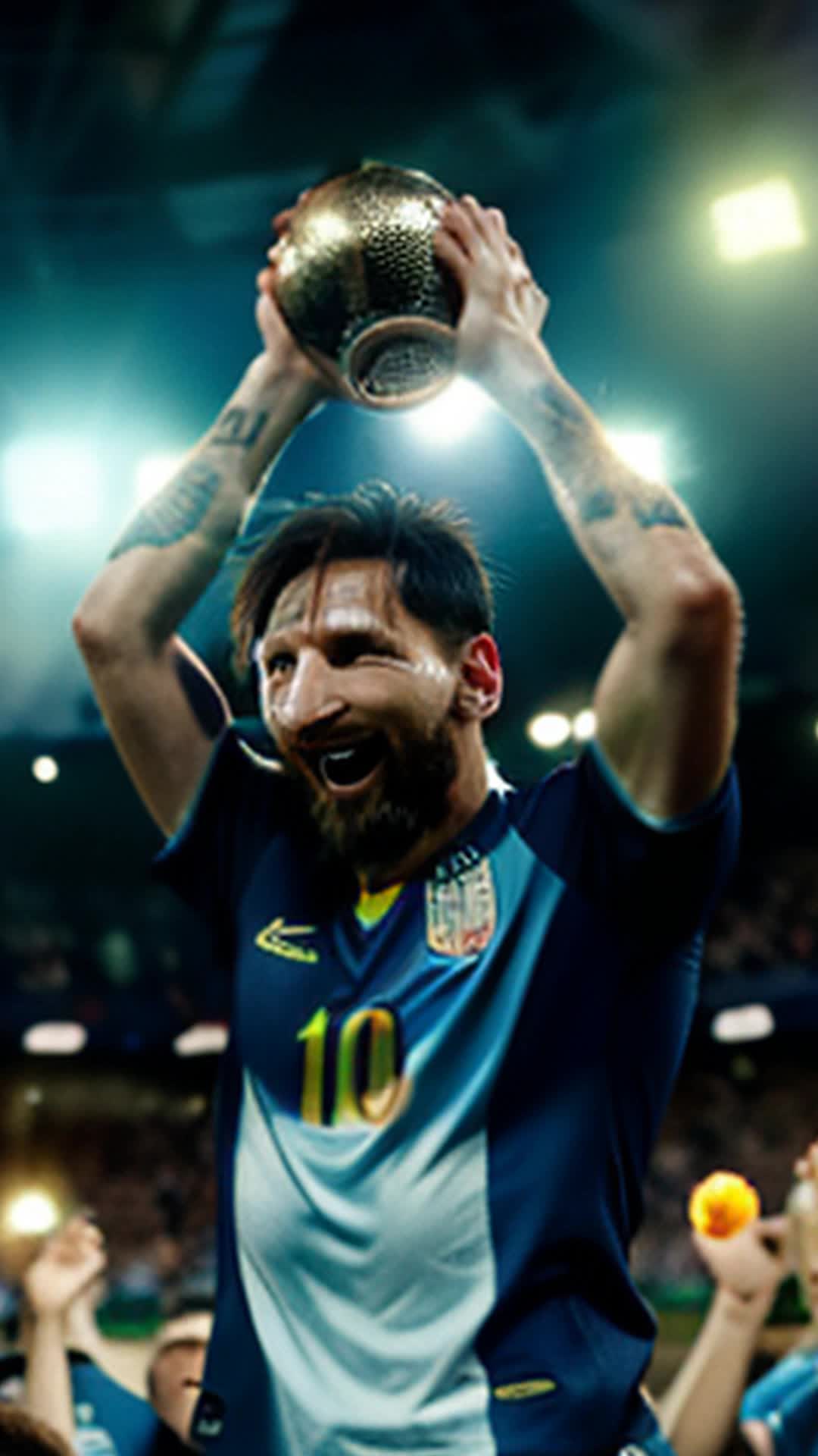 Lionel Messi, lifting World Cup trophy, euphoric celebration, teammates surrounding him, vibrant stadium atmosphere, confetti raining down, fans in grandstands cheering, Messi in iconic Argentina jersey, excited expressions, emotional moment, closeup shots, wideangle view of pitch and crowd, sparkling lights, dynamic movement, joy and triumph, highdefinition, heroic and cinematic, rendered by octane, detailed and sharp focus, soft shadows, vivid colors