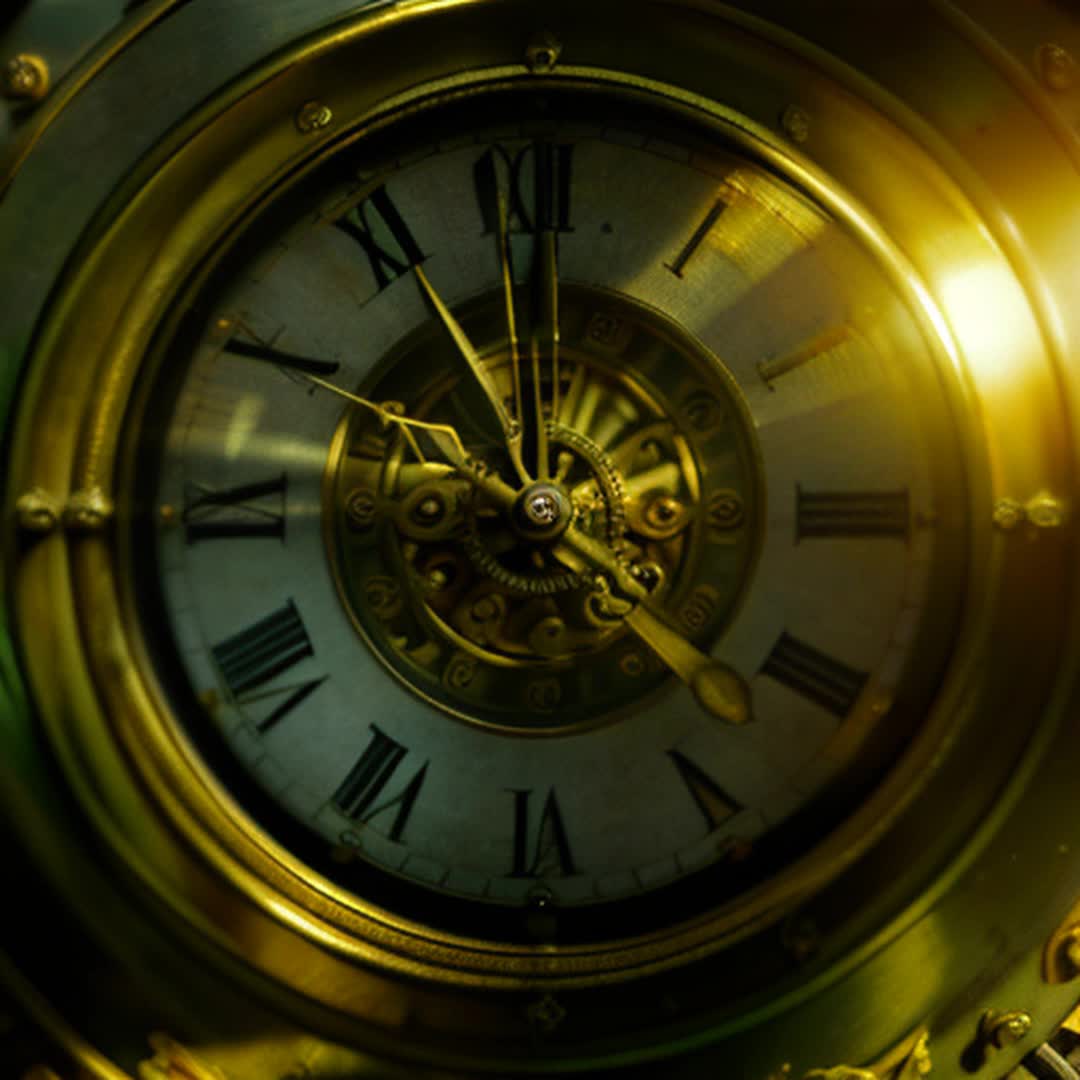 Ornate antique clock, intricate golden details, Roman numerals, brass pendulum swinging rhythmically, closeup of clock face, softly glowing light, gentle ticking sound, timeless, vintage ambiance, warm wooden backdrop, shadows subtly cast, highdefinition, cinematic focus, smooth camera movement, slightly aged patina, elegant and prestigious feel