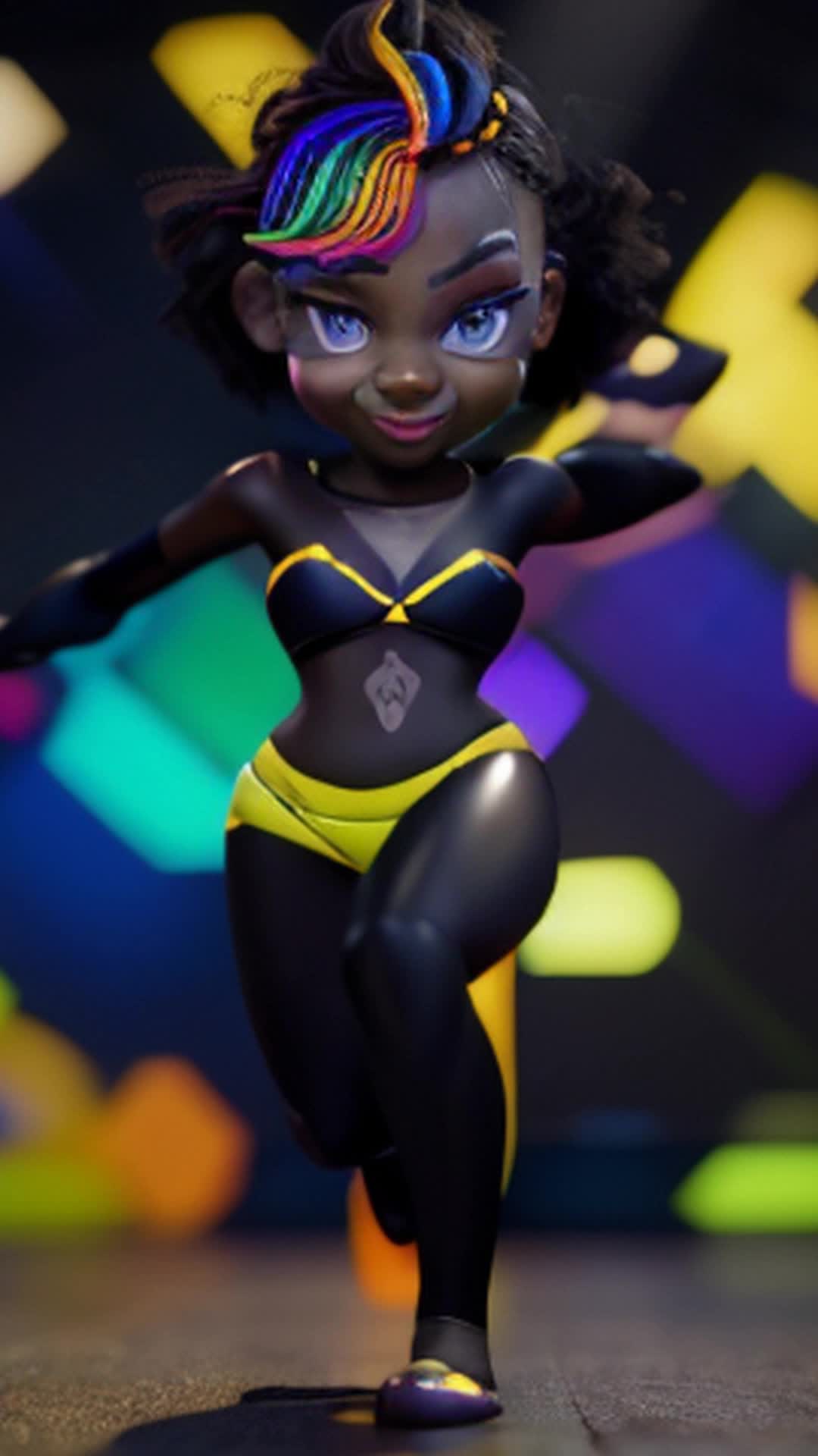 Black cartoon character, vibrant colors, stylized animation, expressive facial features, dynamic poses, whimsical background, celshaded, smooth movements, highly detailed, playful atmosphere, soft shadows, bright and lively lighting, full body shot, 2D animation style, sharp focus, rendered in high definition