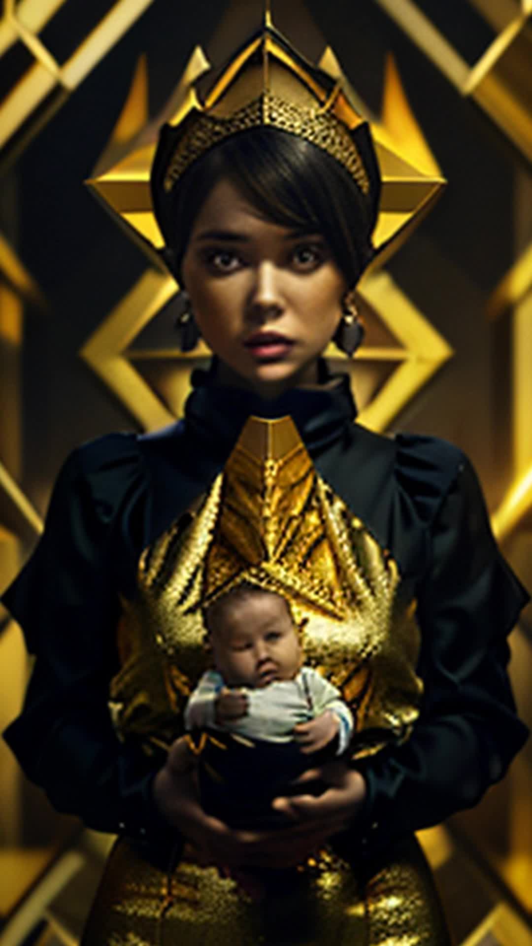Woman in black and gold royal attire, clutching baby tightly, surreal sight of floating pyramids, awe-inspired, protective