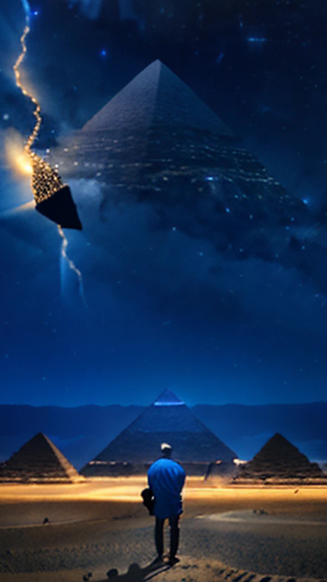 Dark blue African sky, man spotting three gleaming pyramids floating among stars, mysterious, ethereal