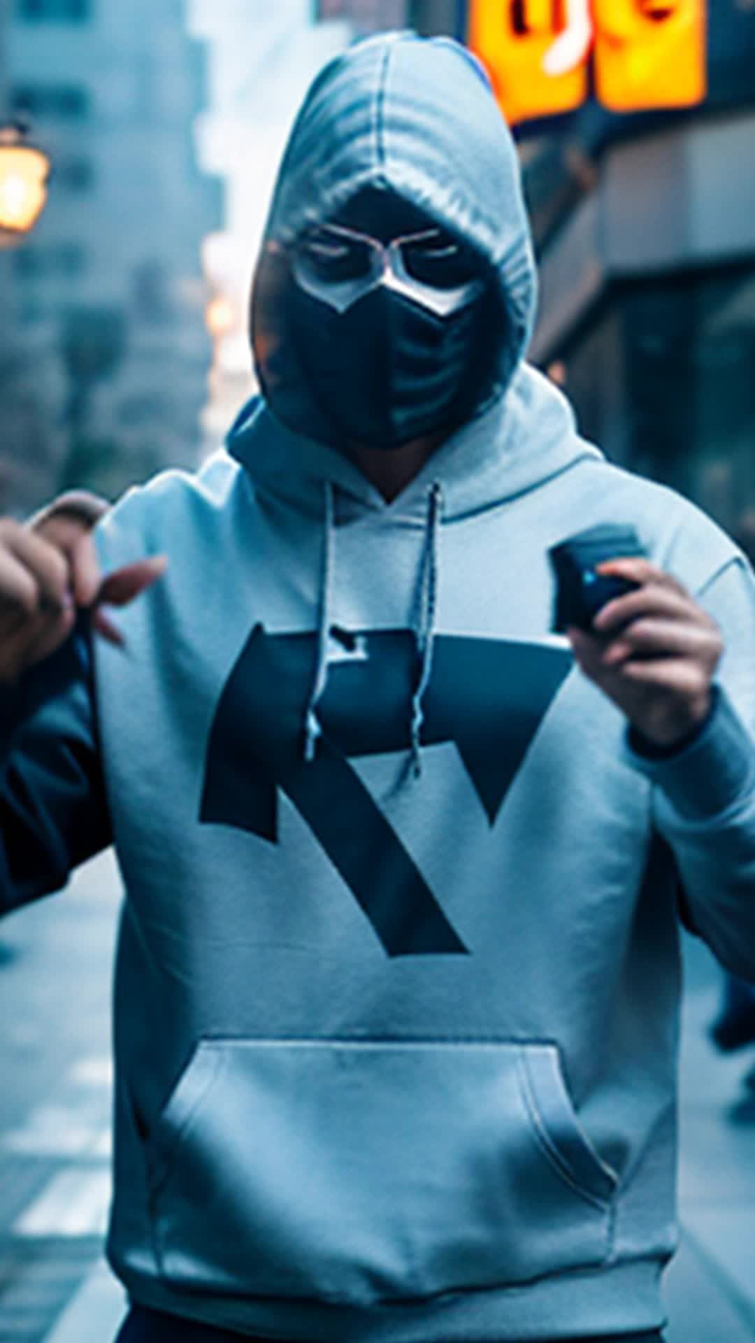 A guy with a black hoodie with a white mask dancing 