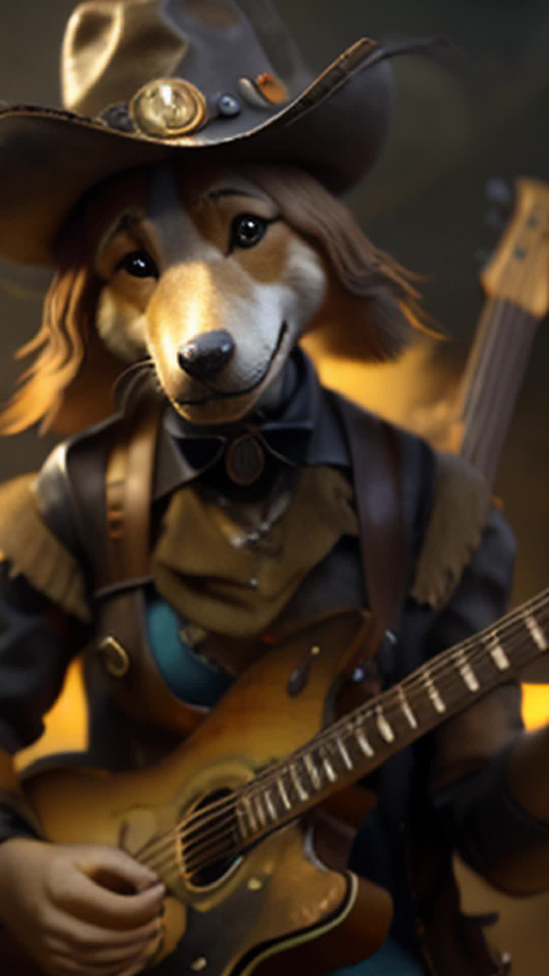 Cowboy Dingo, steampunk style, intricate mechanical gear outfit, playing guitar, glowing brass and copper details, steam rising softly, cybernetic enhancements, clockwork guitar with spinning gears, oil lamps casting warm light, Victorianera influence, misty atmosphere, soft shadows, dramatic backlighting, full body shot, highly detailed, rendered by octane