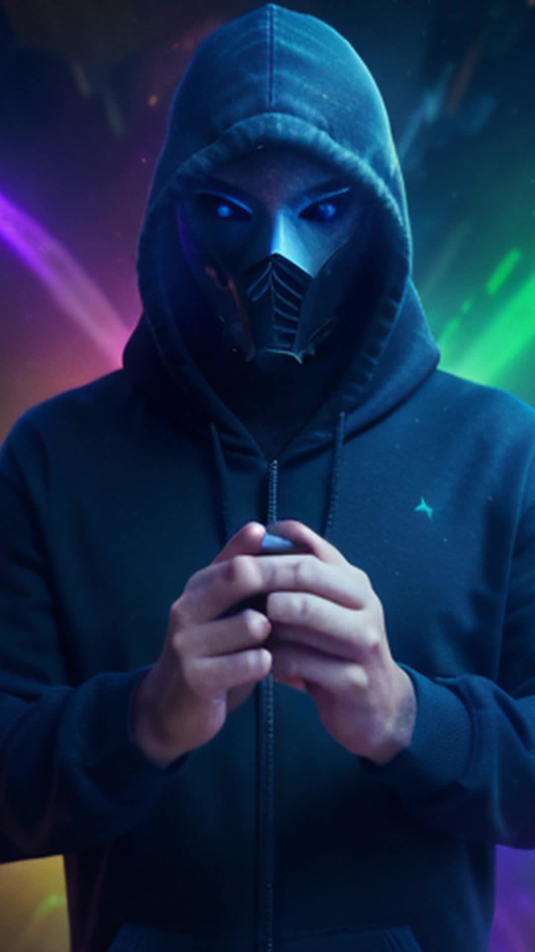 Guy with black hoodie, white mask, dancing and singing into microphone, galaxy background with stars and nebulas, aliens dancing, dynamic lighting, neon colors, energetic movements, vibrant atmosphere, high energy, wideangle shot, detailed and sharp focus, cinematic effects, surreal and otherworldly