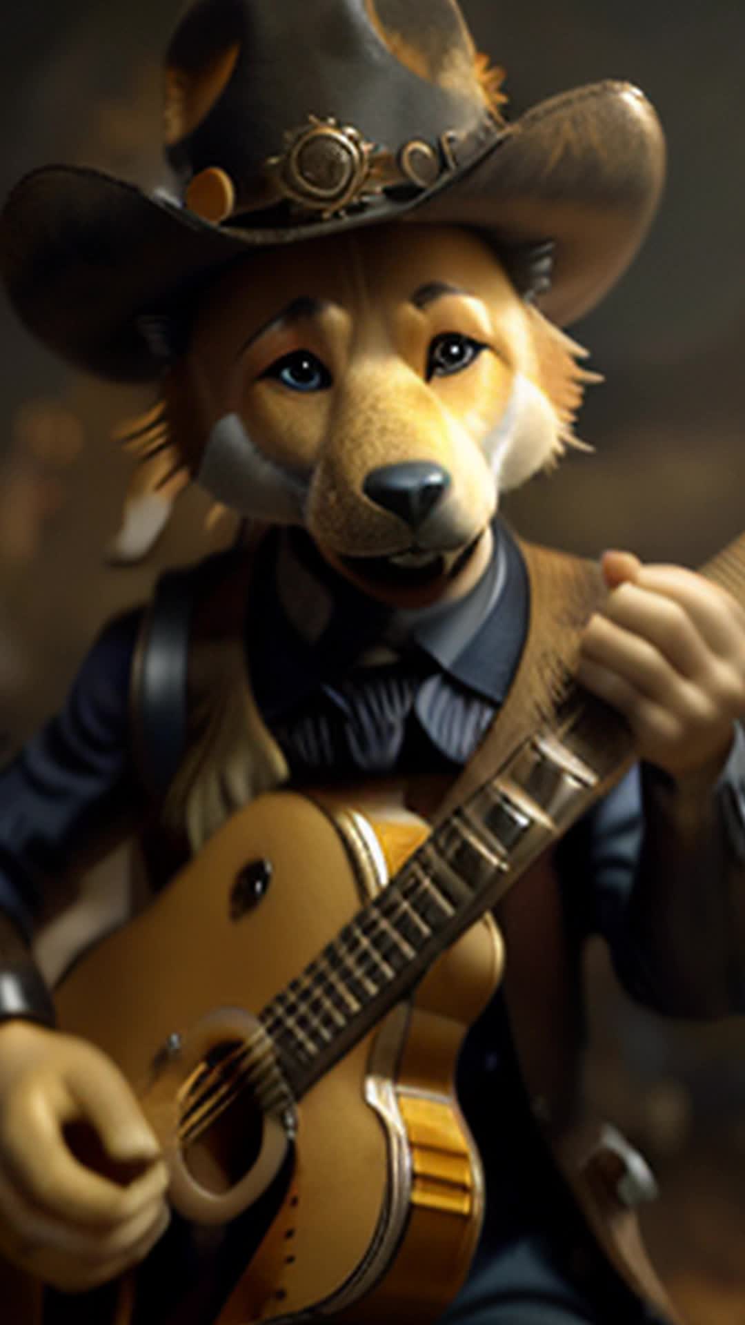 Cowboy Dingo, steampunk style, intricate mechanical gear outfit, playing guitar, glowing brass and copper details, steam rising softly, cybernetic enhancements, clockwork guitar with spinning gears, oil lamps casting warm light, Victorianera influence, misty atmosphere, soft shadows, dramatic backlighting, full body shot, highly detailed, rendered by octane