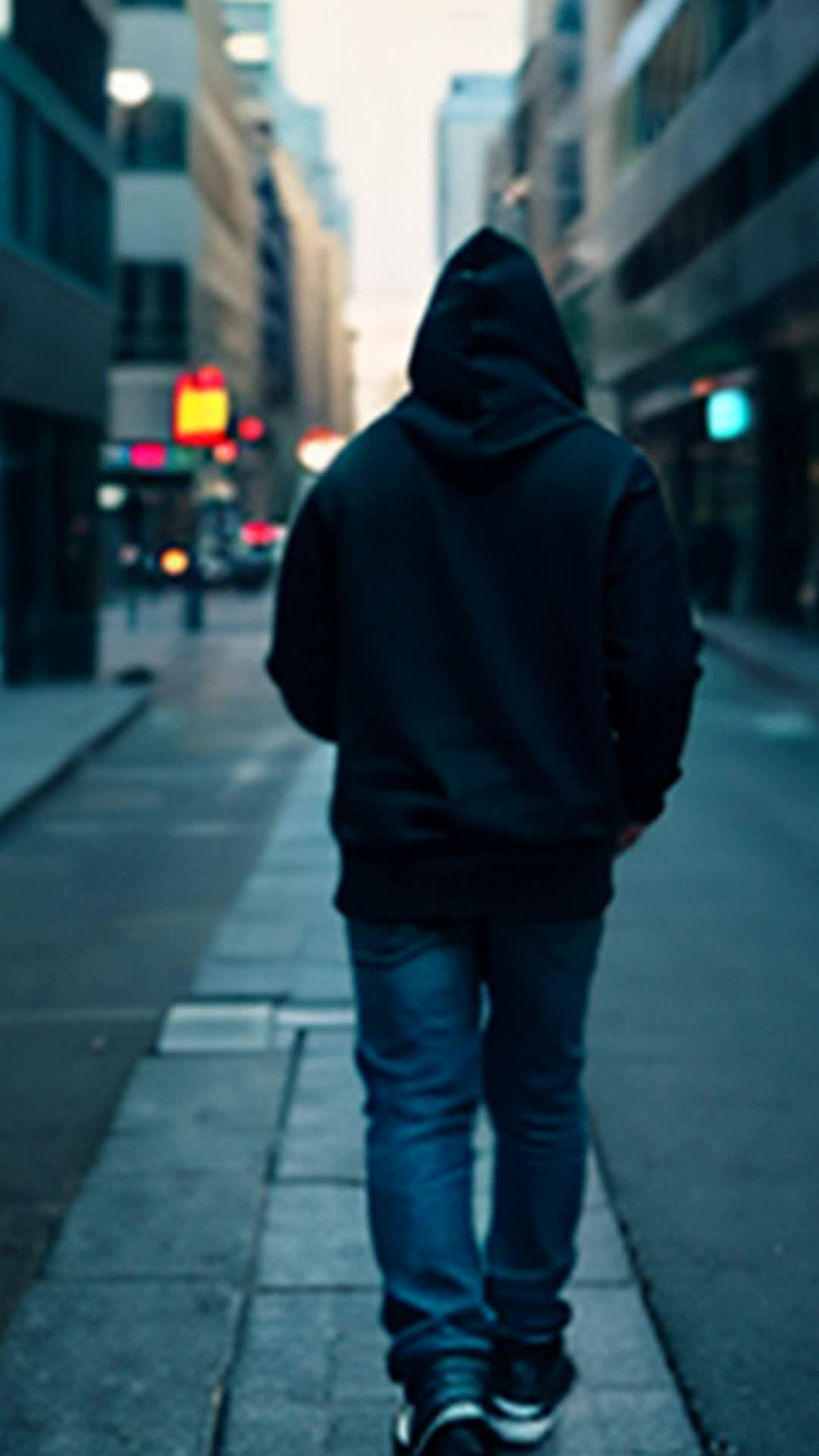 A guy with a black hoodie white mask walking away from frame to pick up a microphone 