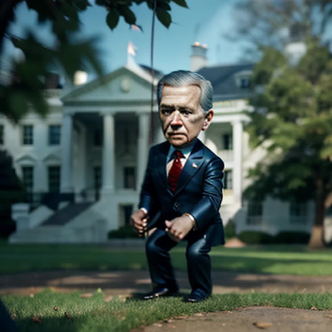 Marionette of President Joe Biden, manipulated by strings, detailed face, realistic movements, formal suit, on the White House lawn setting, soft shadows, wideangle shot, dramatic lighting, high fidelity, crisp resolution, subtle background music adding eerie atmosphere, slow and deliberate movements for added tension, full view of president being pulled on strings, silky smooth animation, high frame rate for lifelike motion