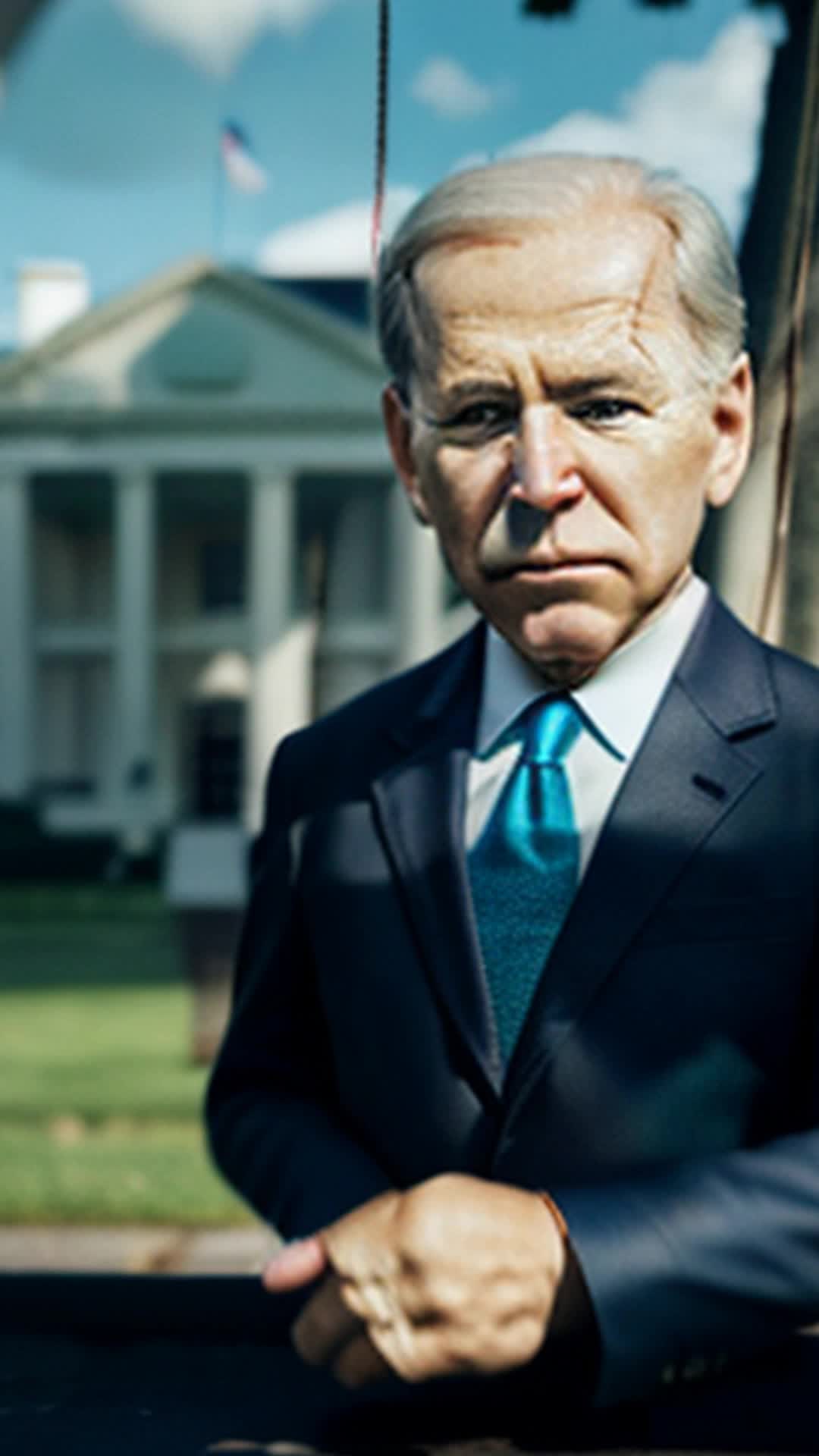 Marionette of President Joe Biden, manipulated by strings, detailed face, realistic movements, formal suit, on the White House lawn setting, soft shadows, wideangle shot, dramatic lighting, high fidelity, crisp resolution, subtle background music adding eerie atmosphere, slow and deliberate movements for added tension, full view of president being pulled on strings, silky smooth animation, high frame rate for lifelike motion