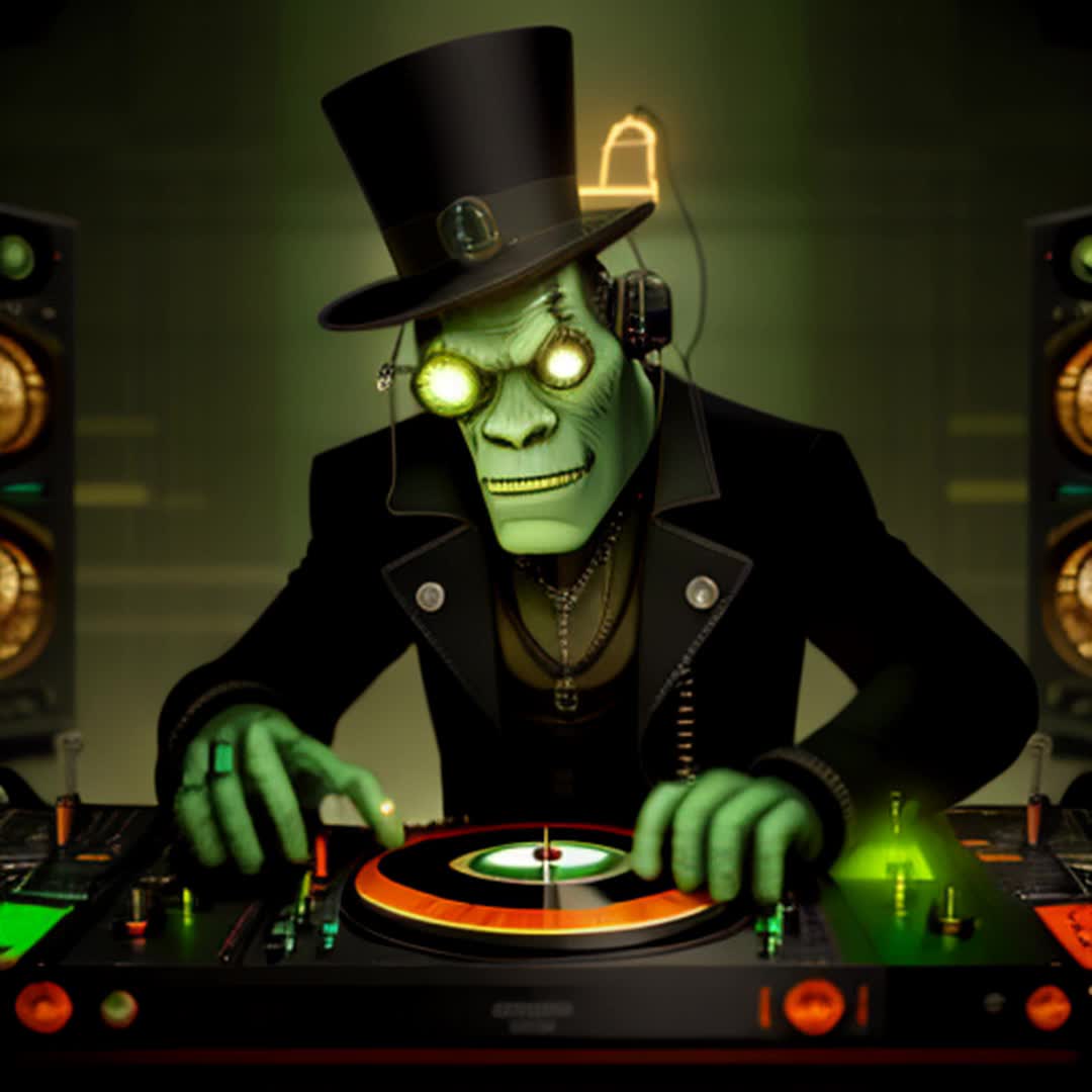 The Frankenstein monster as a DJ working a dual turntable and soundboards In the background, a steampunk styled laboratory with arcing electrodes