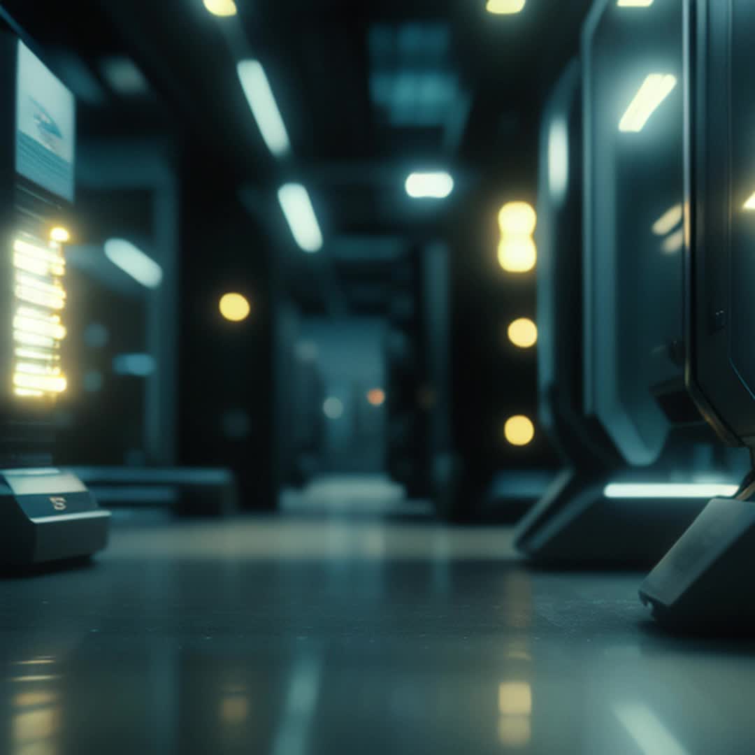 Cold, minimalistic system, sleek metal surfaces, futuristic, robotic arms operating various machines, glowing LED lights integrated into design, endless rows of servers humming quietly, tension in atmosphere, soft shadows, industrial setting, muted colors, detailed and sharp focus, wideangle shot, captured with smooth tracking camera movement, rendered by octane for cinematic effect