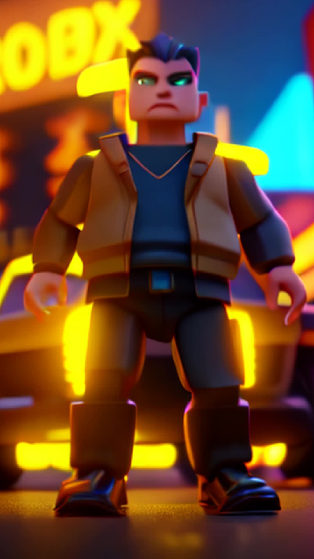 Futuristic Roblox character, sleek and advanced design, highly detailed and sharp focus, vibrant neon colors, immersive cityscape background, futuristic vehicles and buildings, dynamic action poses, complex animations, energetic atmosphere, glowing holographic interfaces, soft shadows, high resolution, rendered by octane, cinematic feel, full body shots, various angles, prime form, Roblox game commercial dynamic Roblox background 