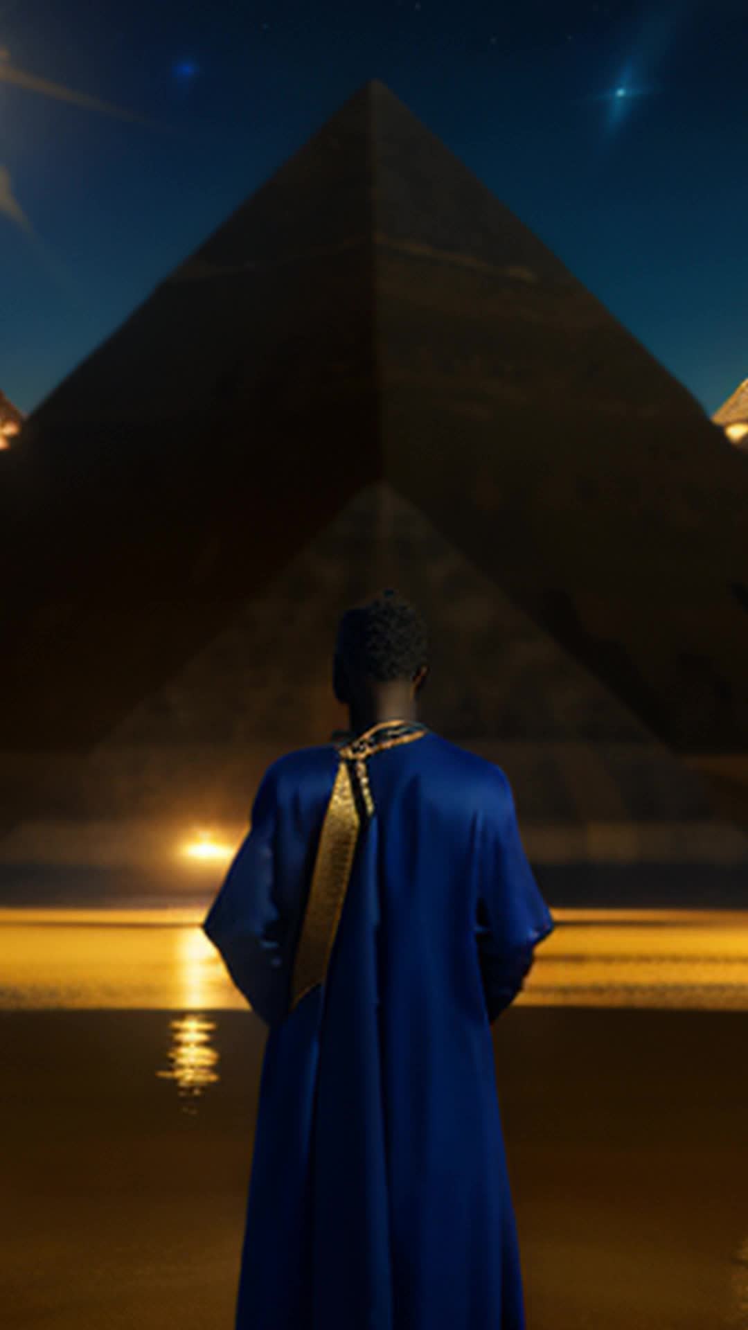 Vast dark blue African sky, man in royal black, gold attire, scanning horizon, three floating pyramids, star reflections, protective stance, wife, baby, majestic attire