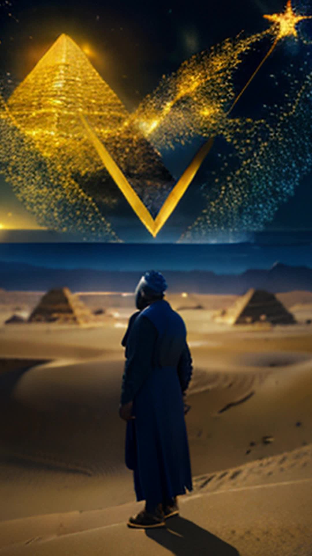 Vast dark blue African sky, regal man in black and golden attire, imminent threat approaching, three floating pyramids, twinkling stars, celestial domain, sharp focus