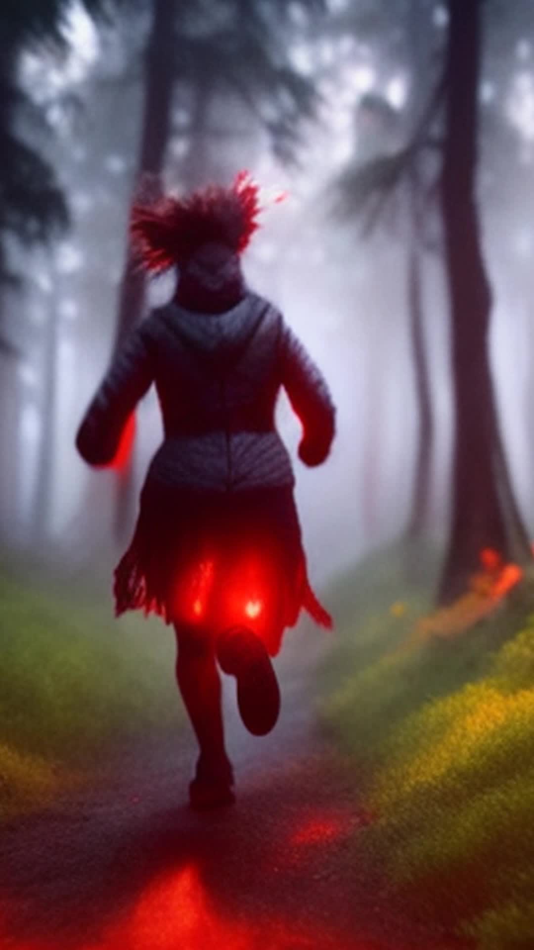 Terrified woman sprinting through dense forest, illuminated by moonlight, eyes wide with fear, devil in pursuit, monstrous form, glowing red eyes, otherworldly, massive mushrooms glowing in vibrant colors, pulsating light, casting eerie shadows, fog creeping between trees, frantic pace, dramatic closeups, dynamic angles, intense atmosphere, highly detailed, soft shadows, rendered by octane